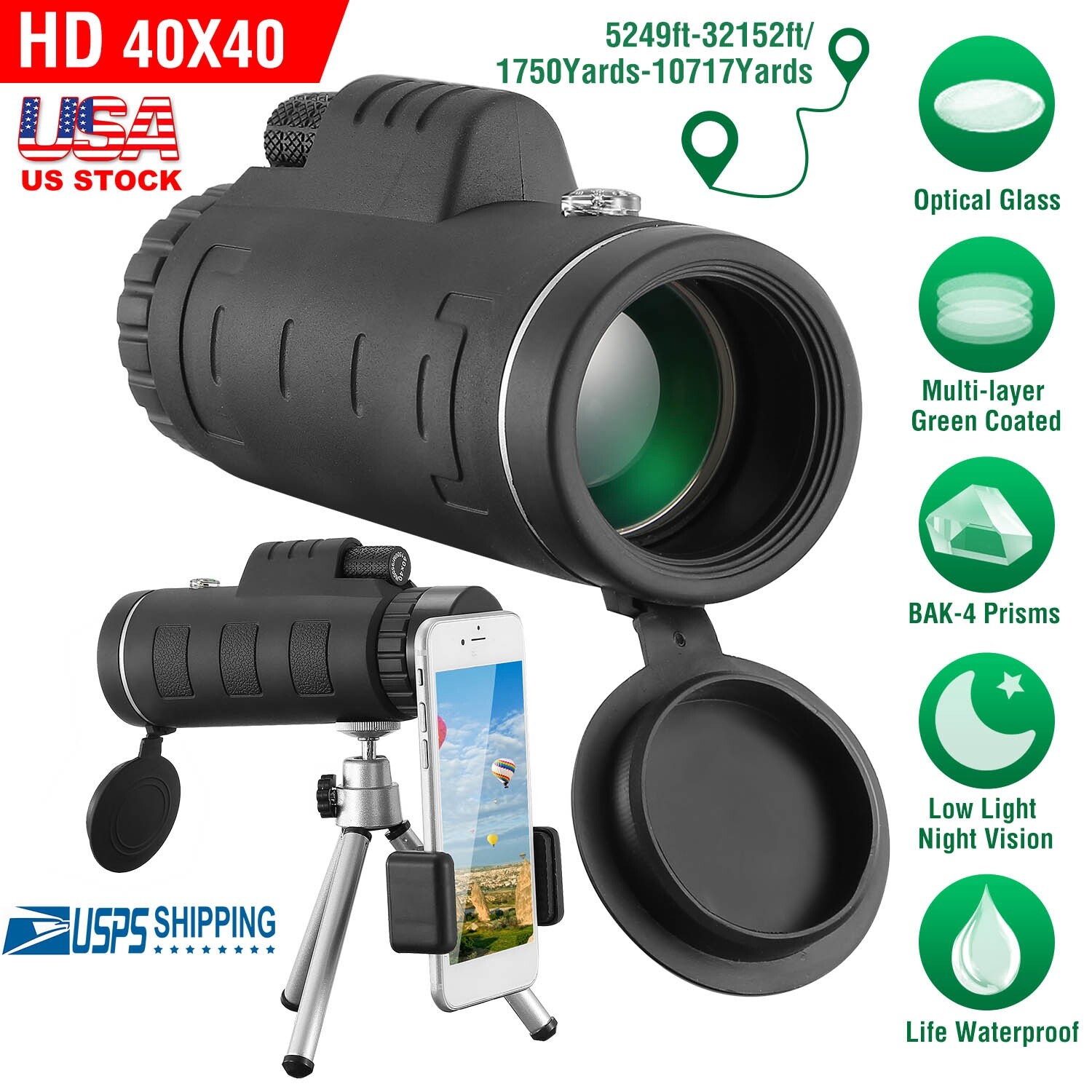 40 x 40 HD Optical Monocular Telescope Phone w/ Holder Tripod Compass Outdoor