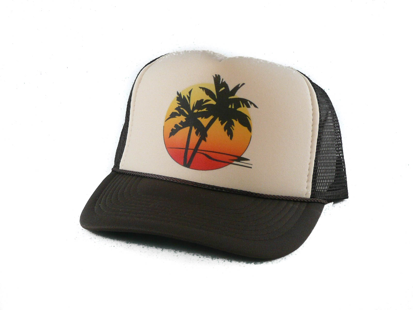 Sunset Palm Trucker Hat mesh hat snapback hat white front brown mesh New unworn