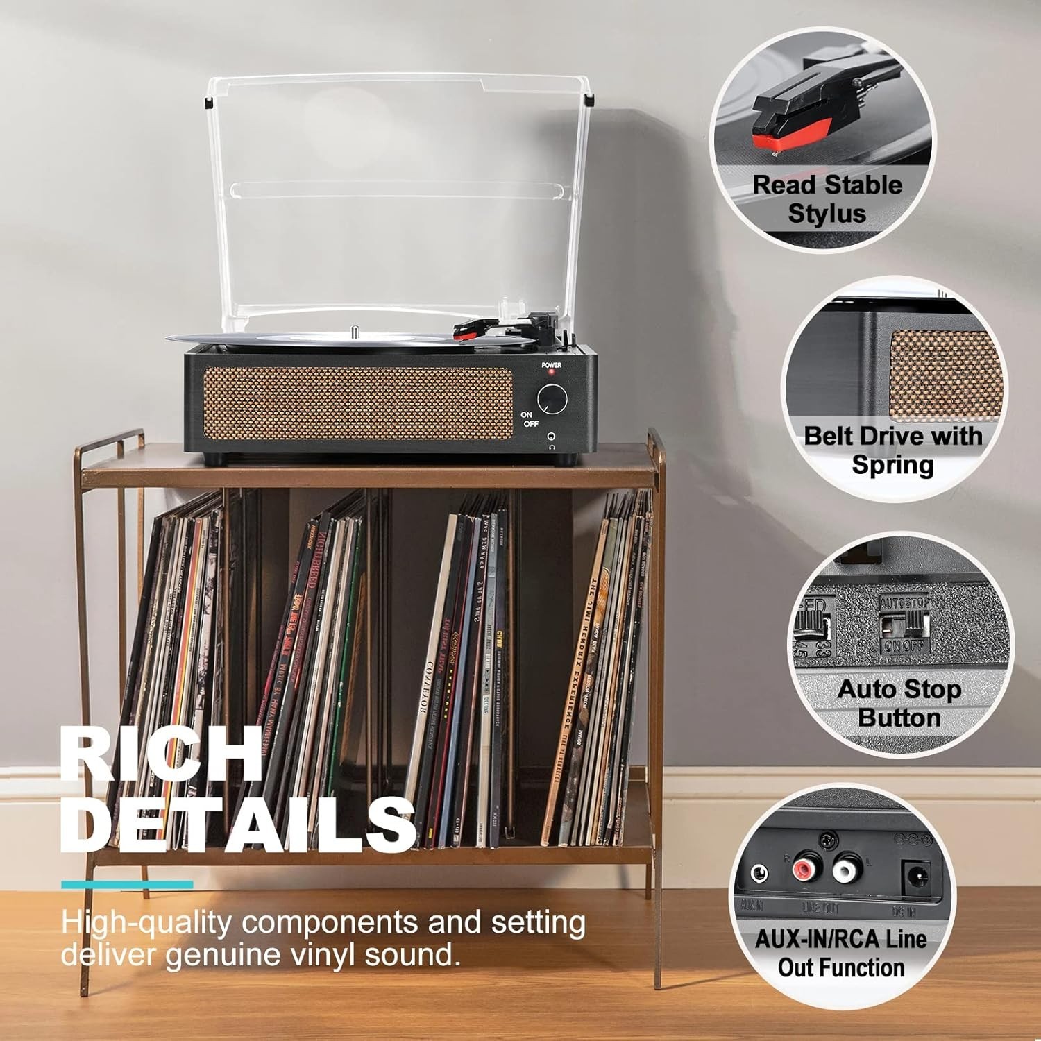 WOCKODER Record Player Bluetooth Turntable 3 Speed Built-in Speakers