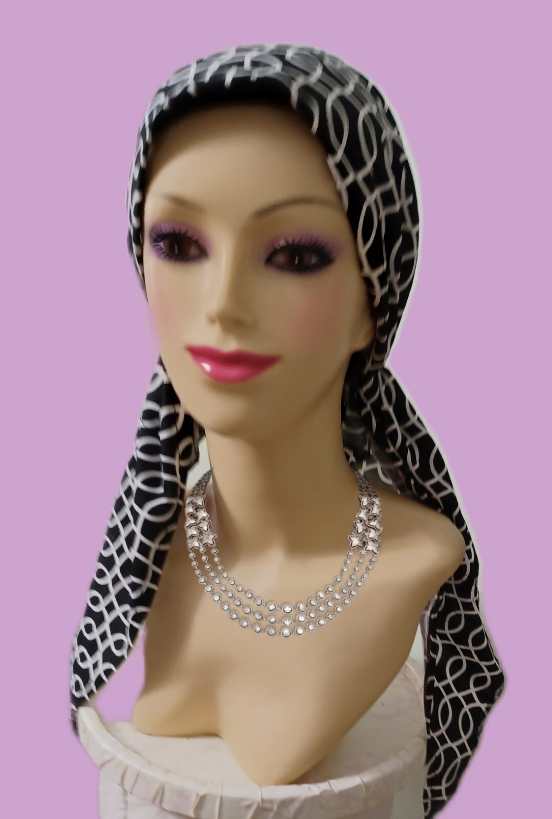 Pre-Tied Slip On.Head Scarf Head Converting tichel. Black/White MEDIUM TAIL