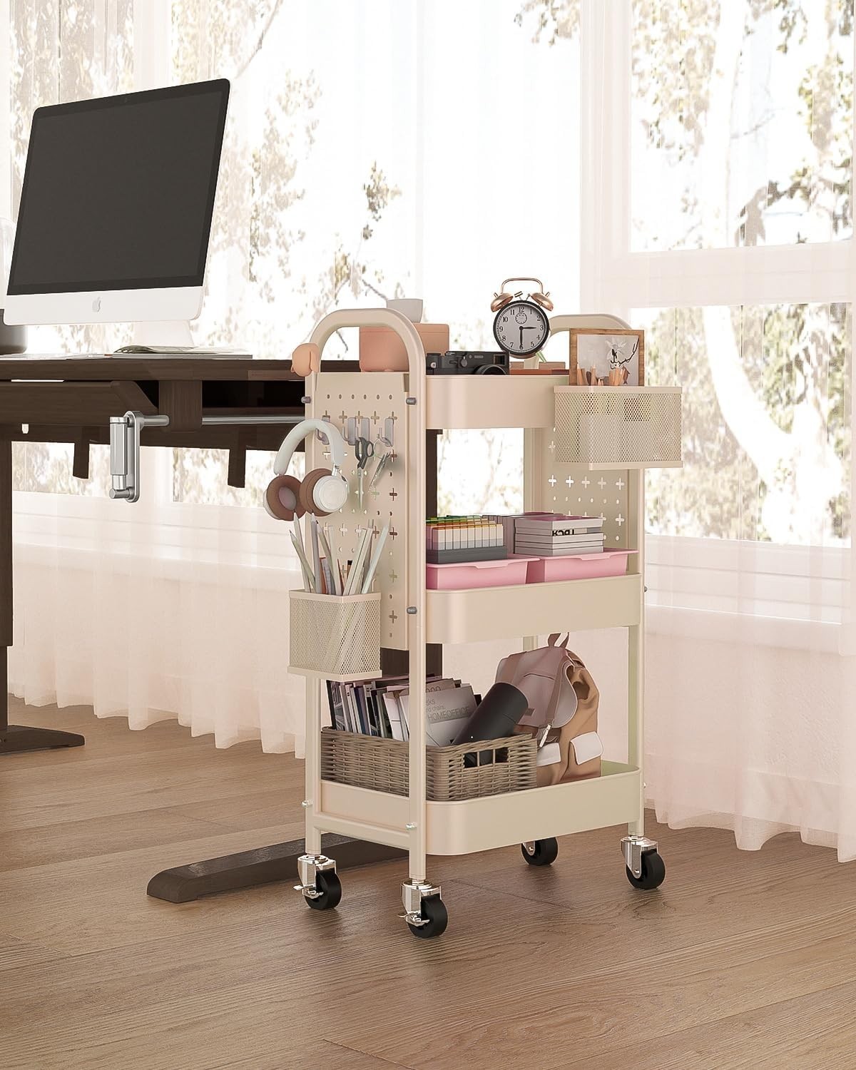 Multi-Purpose Rolling Cart with 3 Shelves, Pegboards, & Lockable Wheels in Khaki