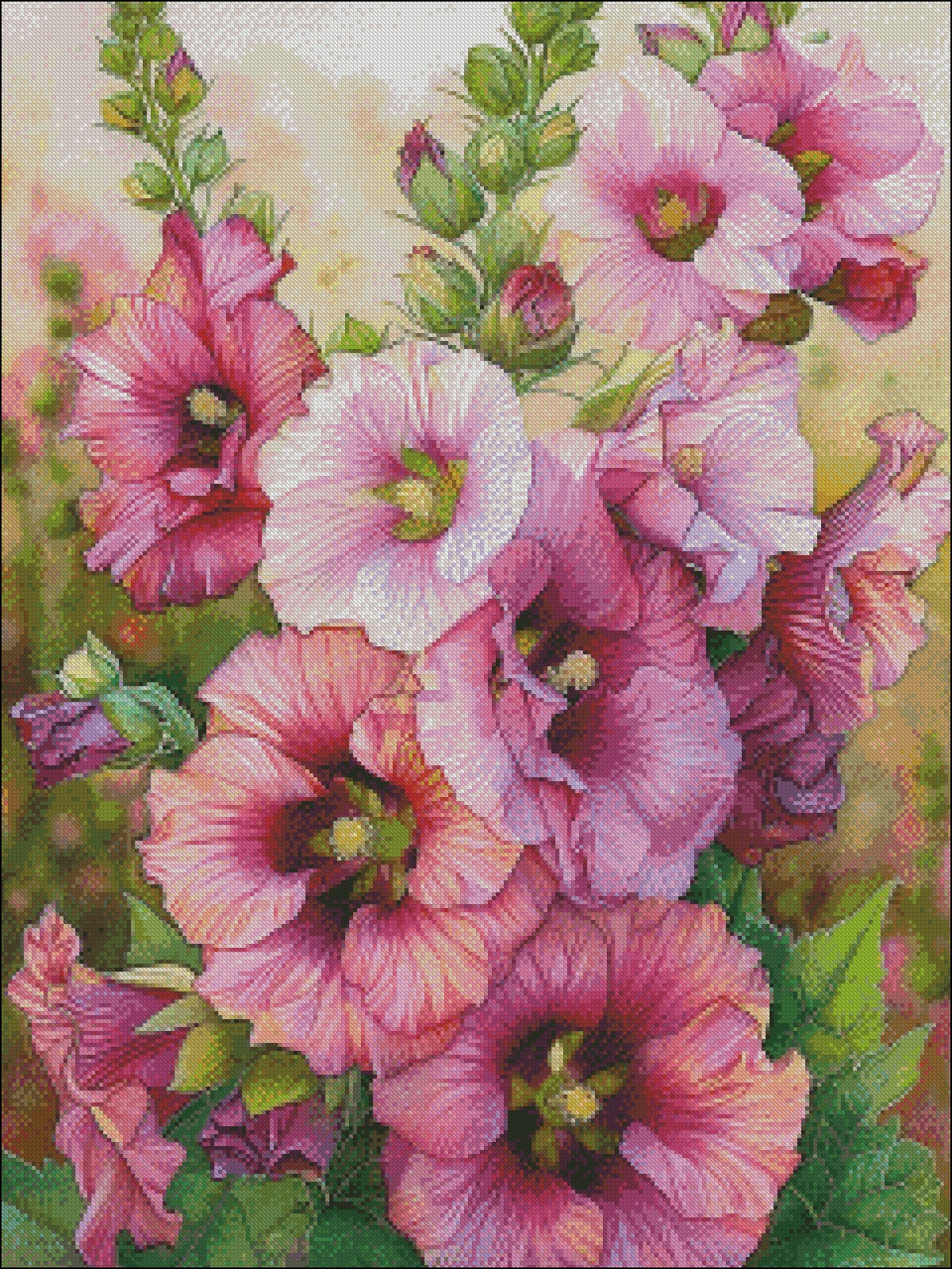 Hollyhocks in Evening Glow 2 - Chart Counted Cross Stitch Patterns Needlework