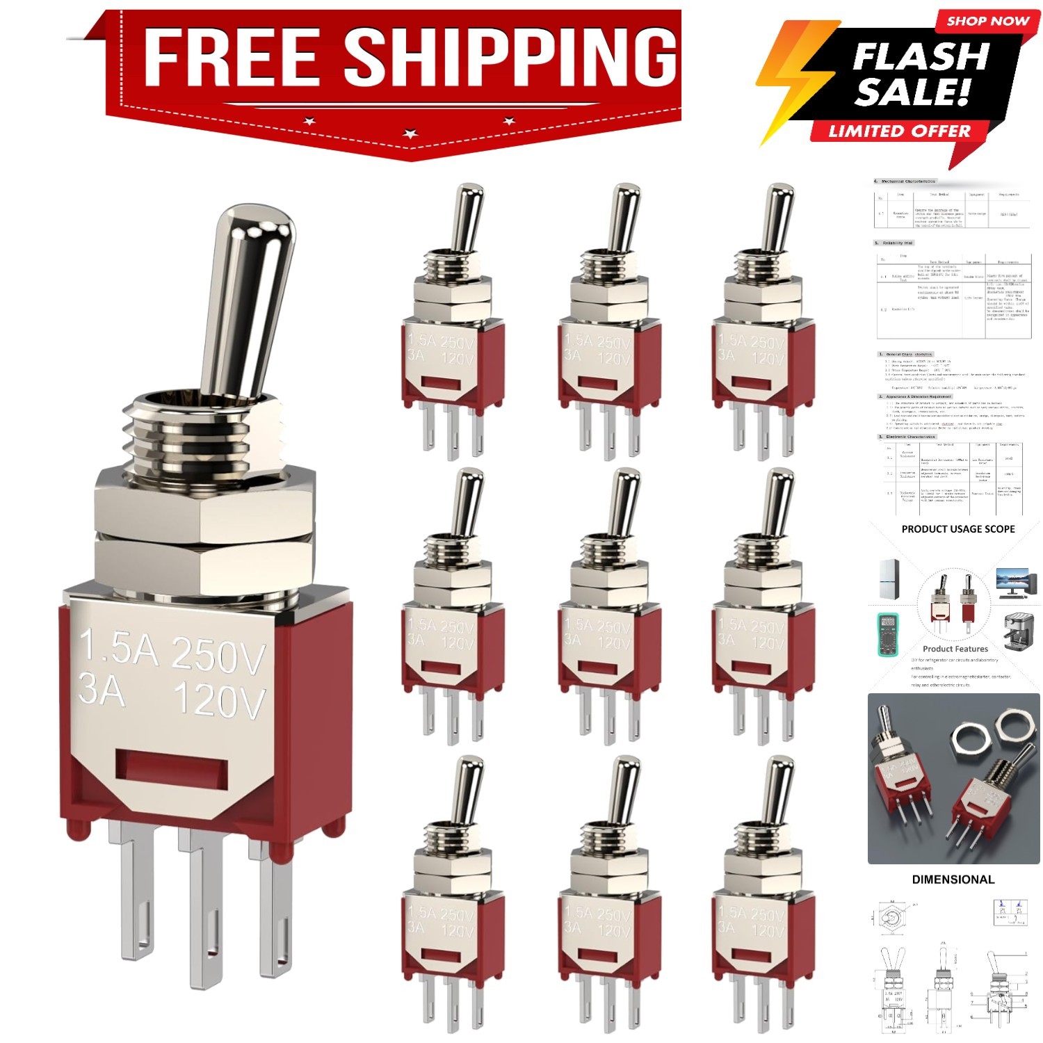 10Pcs AC 250V/1.5A 120V/3A ON/ON 2 Position 3 Pin SPDT Mini Micro Toggle Switch