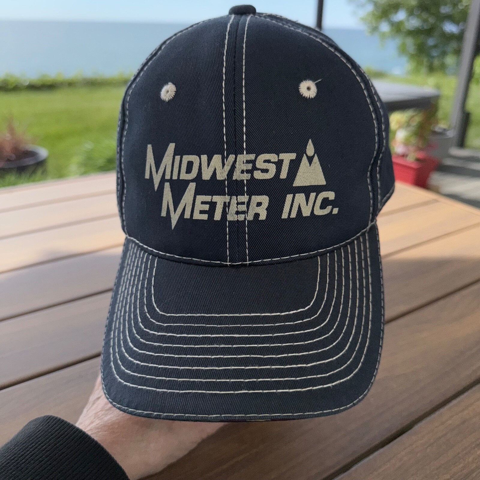 Midwest Meter Inc 2 Logo Print on Navy w White topstitch Hat Cap American Theme