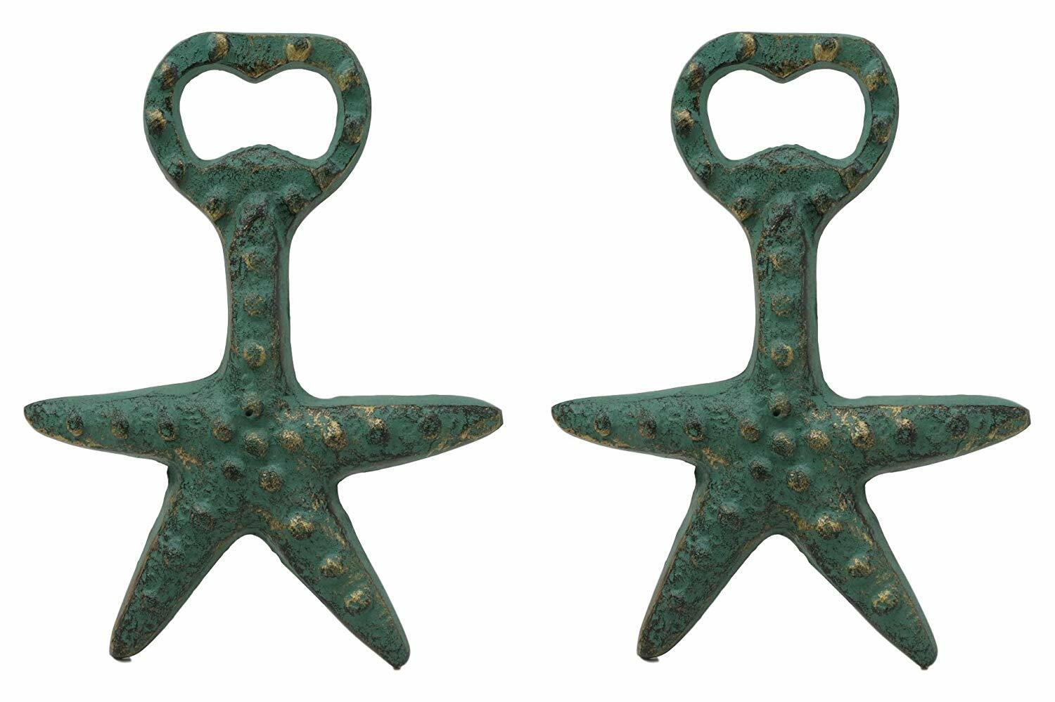 Rustic Verdigris Green Cast Iron Nautical Sea Star Starfish Bottle Opener 2-Pack