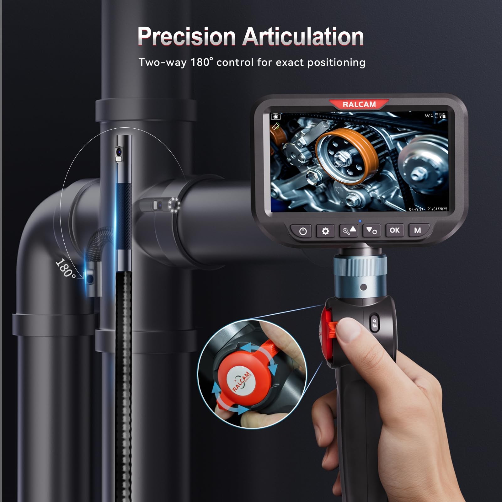 Dual Lens Articulating Borescope, 10FT Semi-Rigid Inspection Camera with 5" H...