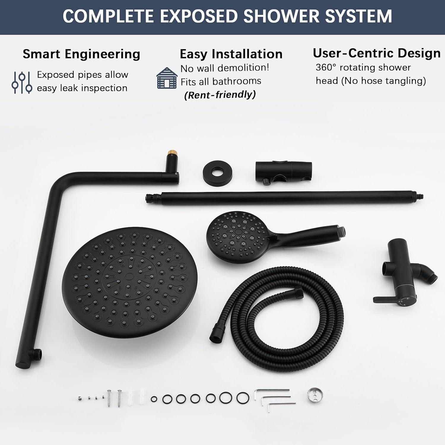 5-Function Retrofit Shower System Matte Black 9 Inch Rain Shower Head with