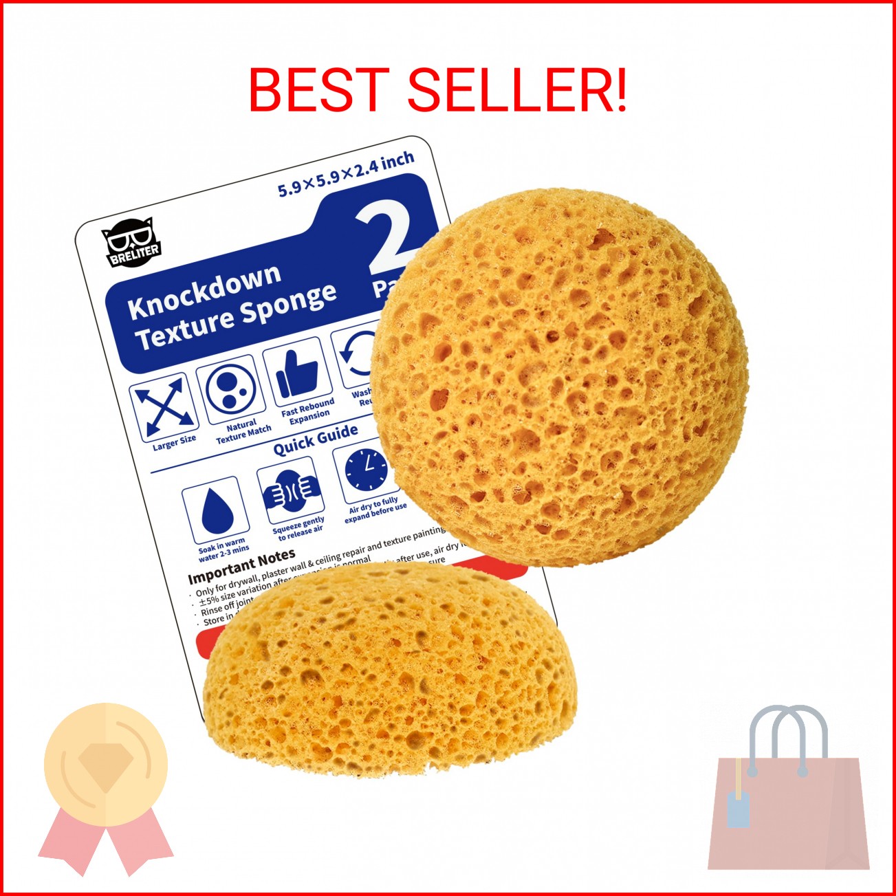Breliter Knockdown Texture Sponge - 2 Pack 15x15x6cm Large Drywall Repair Sponge
