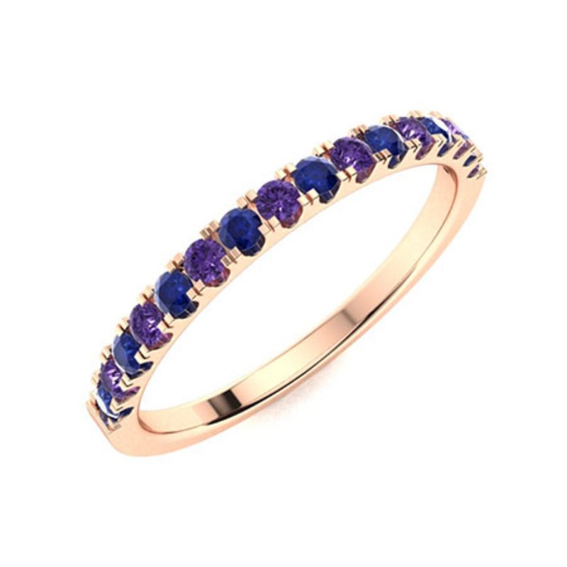 2mm Round Amethyst Sapphire Ring 925 Silver Rose Plated Stackable Eternity Band