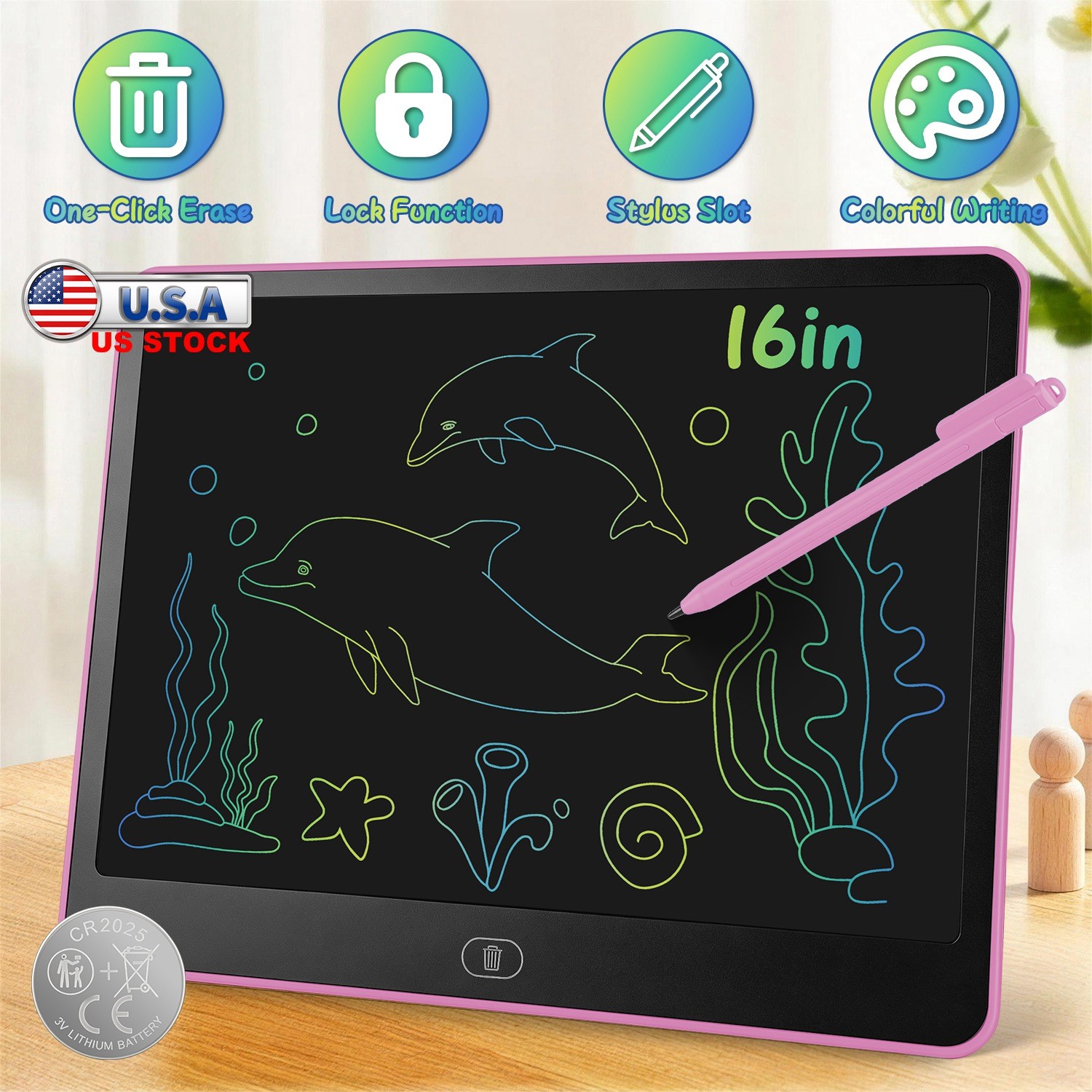 16" LCD Writing Tablet w/ Stylus Pen for Kids Doodle & Drawing Board Erase Lock