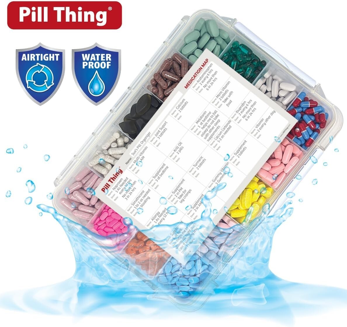 Large 20 Compartment Pill Case with Airtight Seal and Medication Map