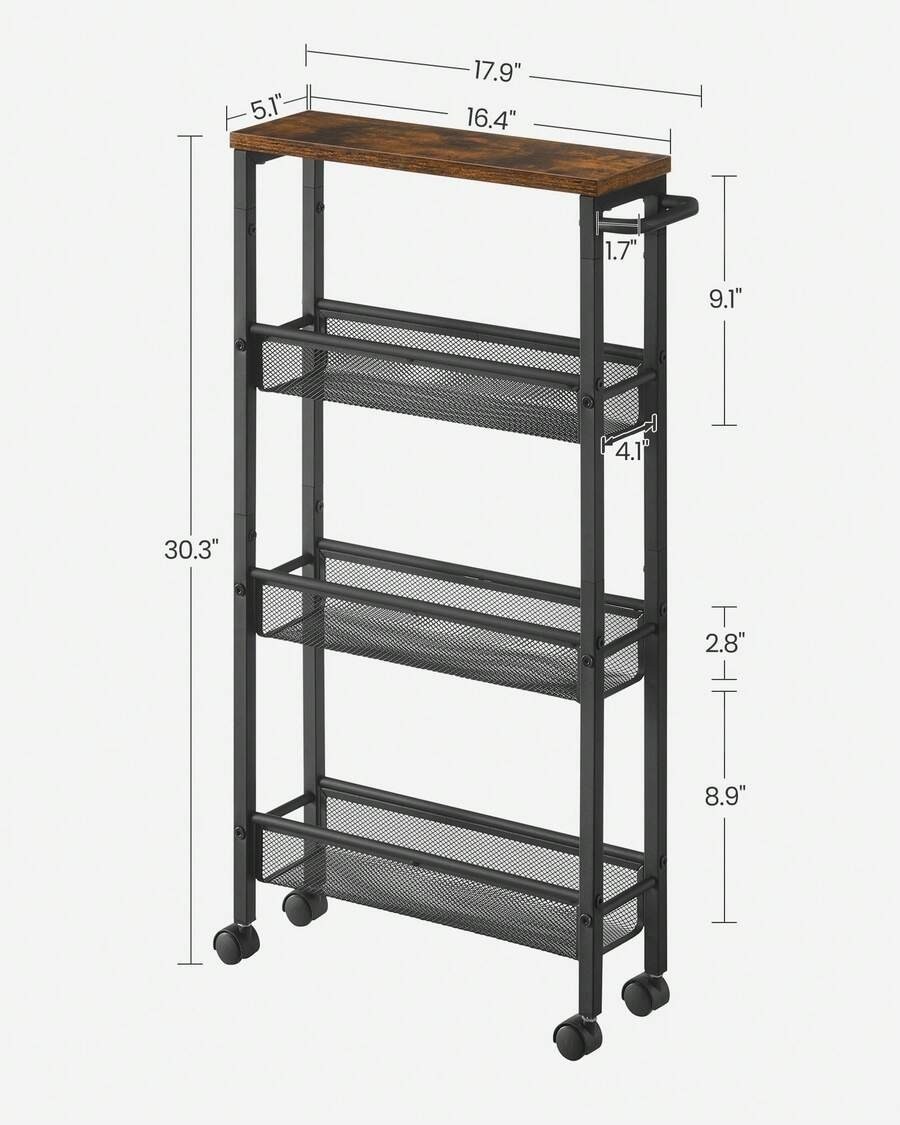 VASAGLE 4-Tier Slim Rolling Storage Cart With Handle & Casters, Black