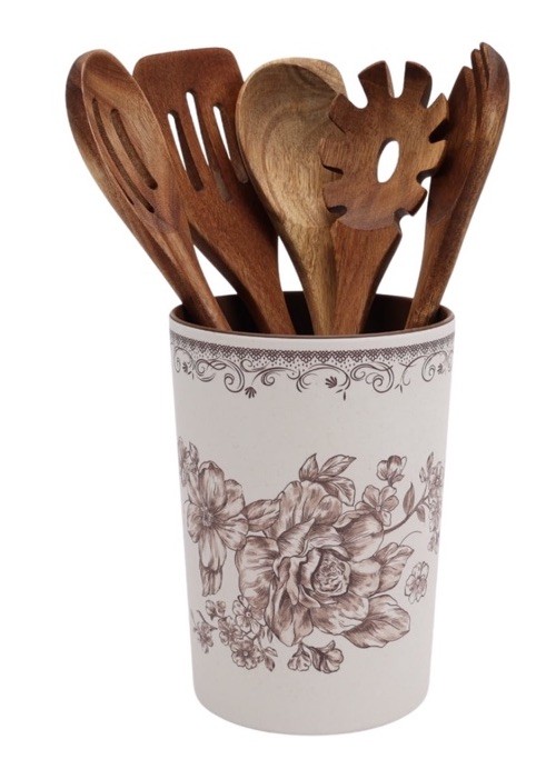 NEW Pioneer Woman 6pc. Brown Agatha  CROCK SET w/ Acacia Wood Tools