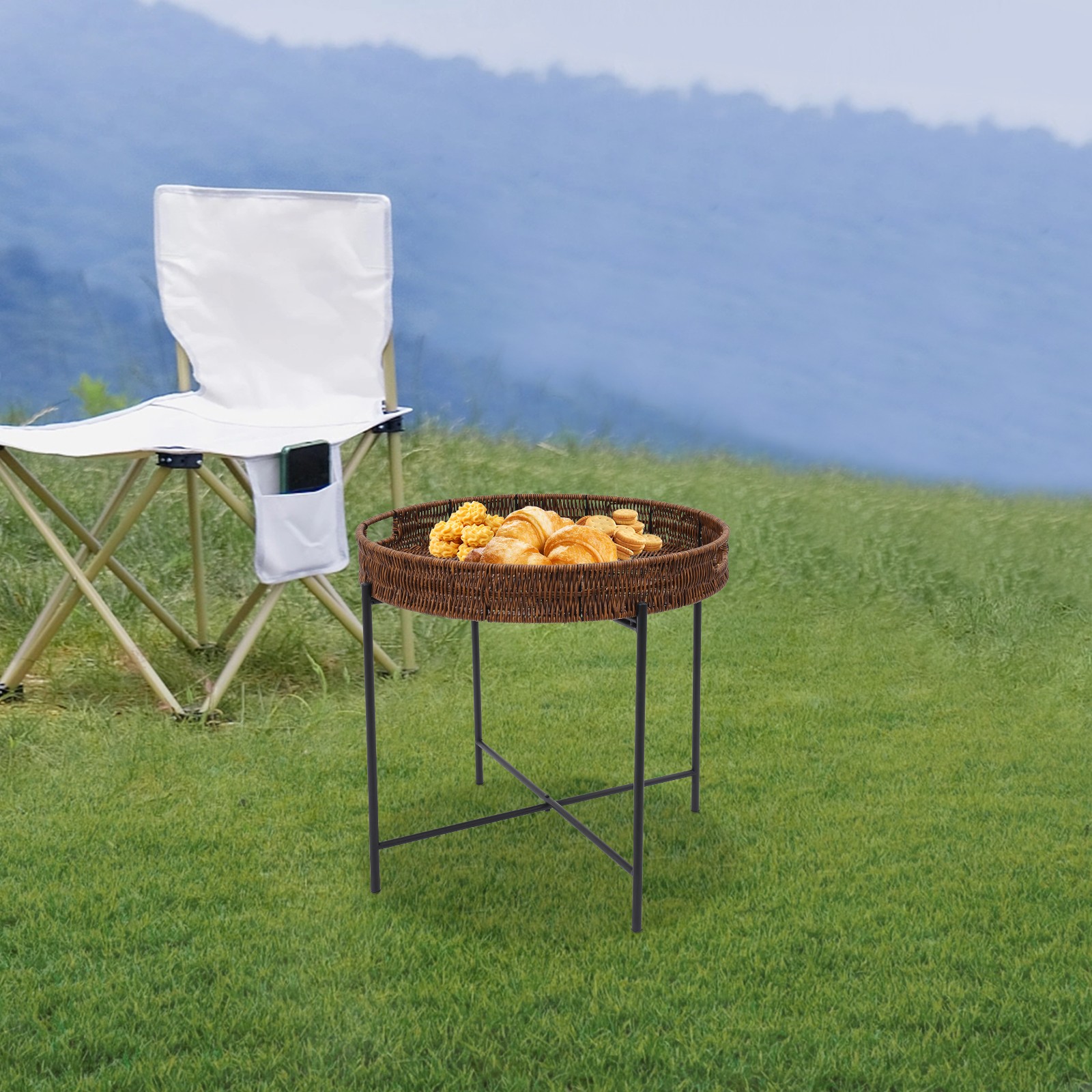 Black, Brown Small Round End Table Indoor Wicker Rattan Side Table,Round Tray
