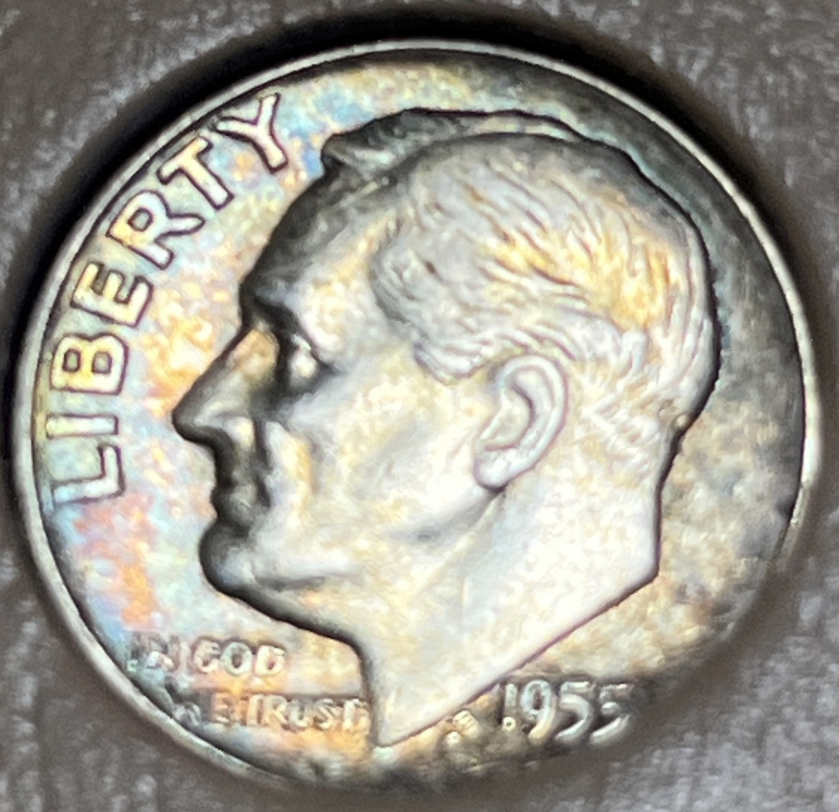 1955 D Roosevelt Silver Dime Rainbow Toning Uncirculated