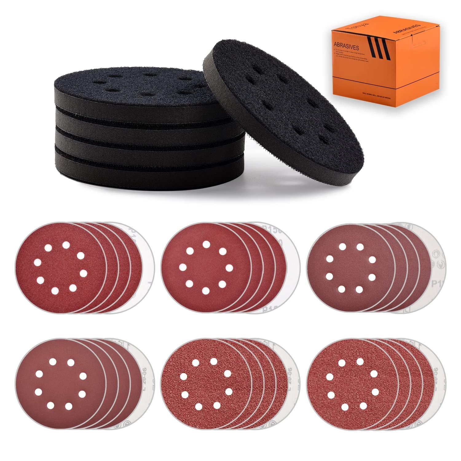 5 Pcs 5 inch 8 Holes Hook and Loop Backing Sponge Pad Soft Density Interface ...