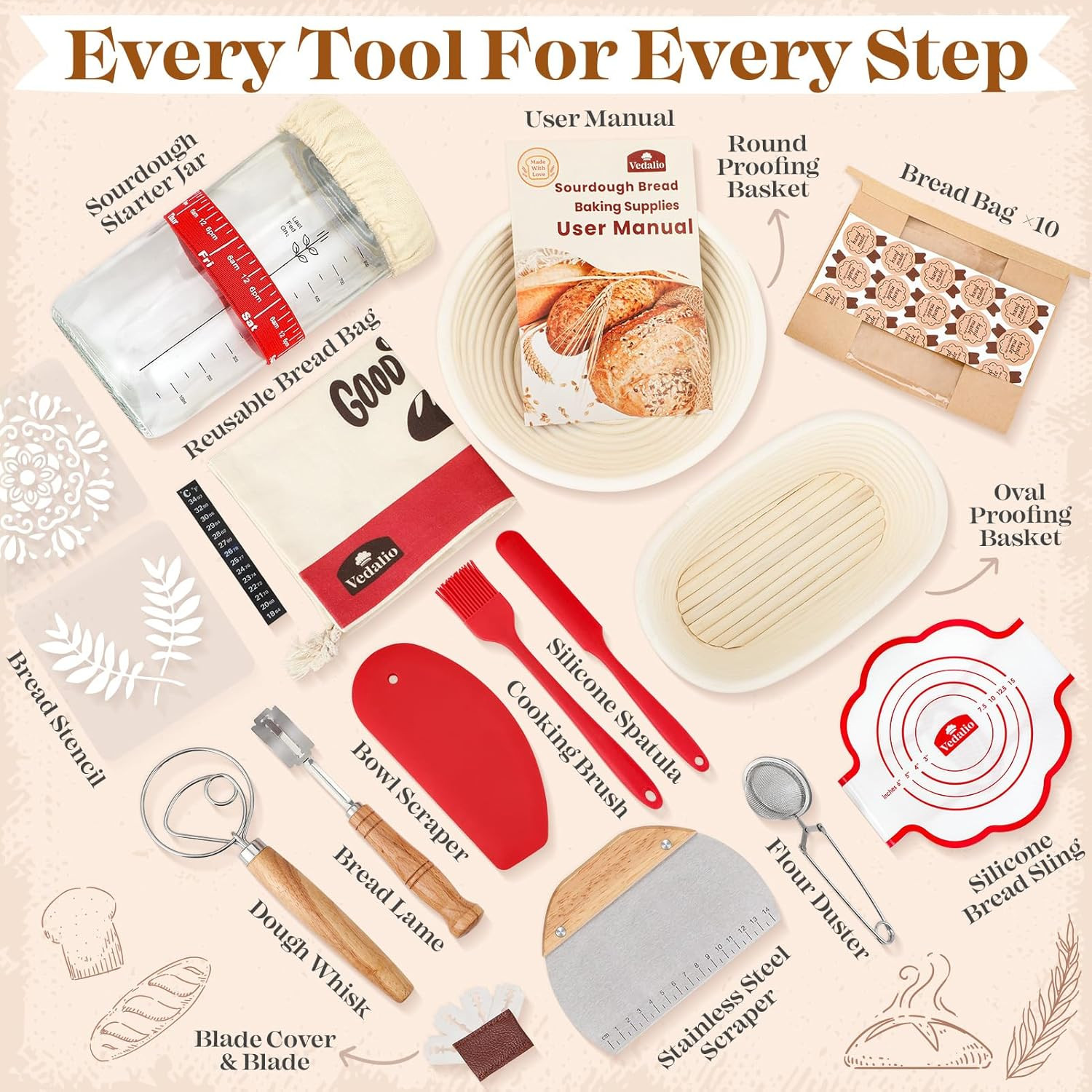 Sourdough Starter Kit Bread Baking Supplies | Proofing Basket Jar Tools Set