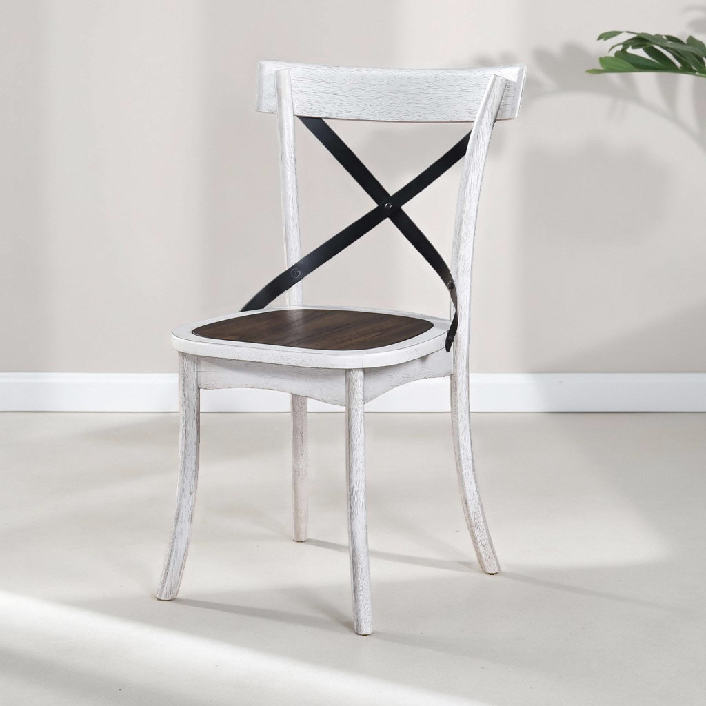 [Set of 2] Rustic Farmhouse Dining Chairs with Metal X-Back, Solid Wood Frame,