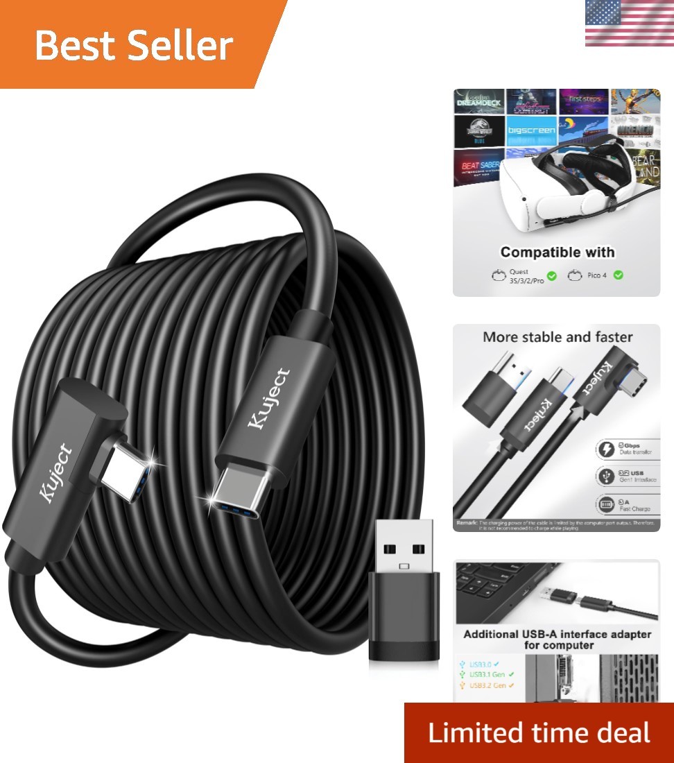 L-Shaped 20FT USB Link Cable for High-Speed VR Gaming - Quest 3 and Pico 4 Ready