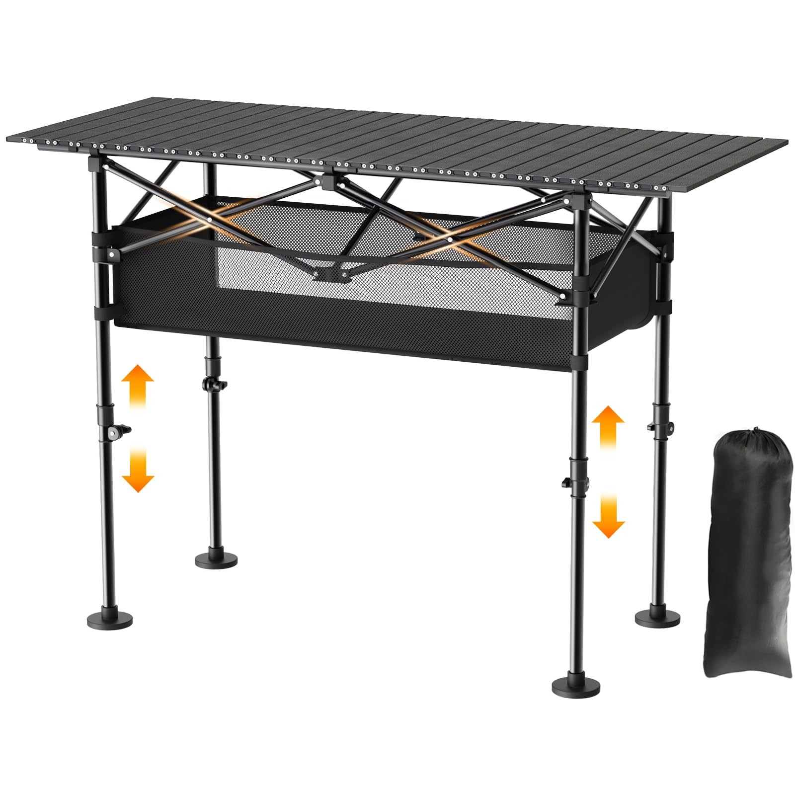 Height Adjustable Camping Table, Outdoor Folding 47" x 22" x 38", Black