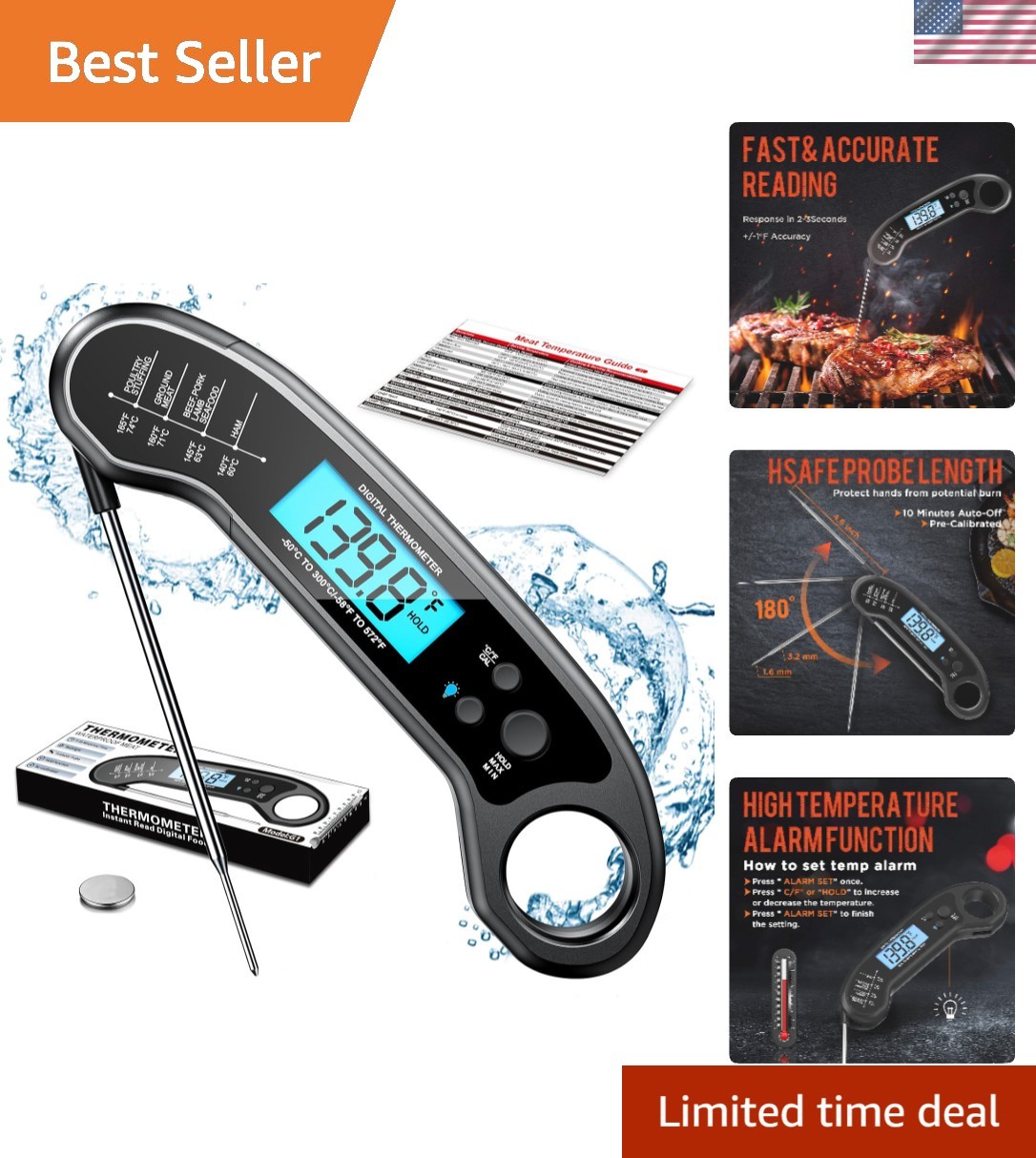 Professional Waterproof Meat Thermometer with Fast Reading - BBQ & Kitchen