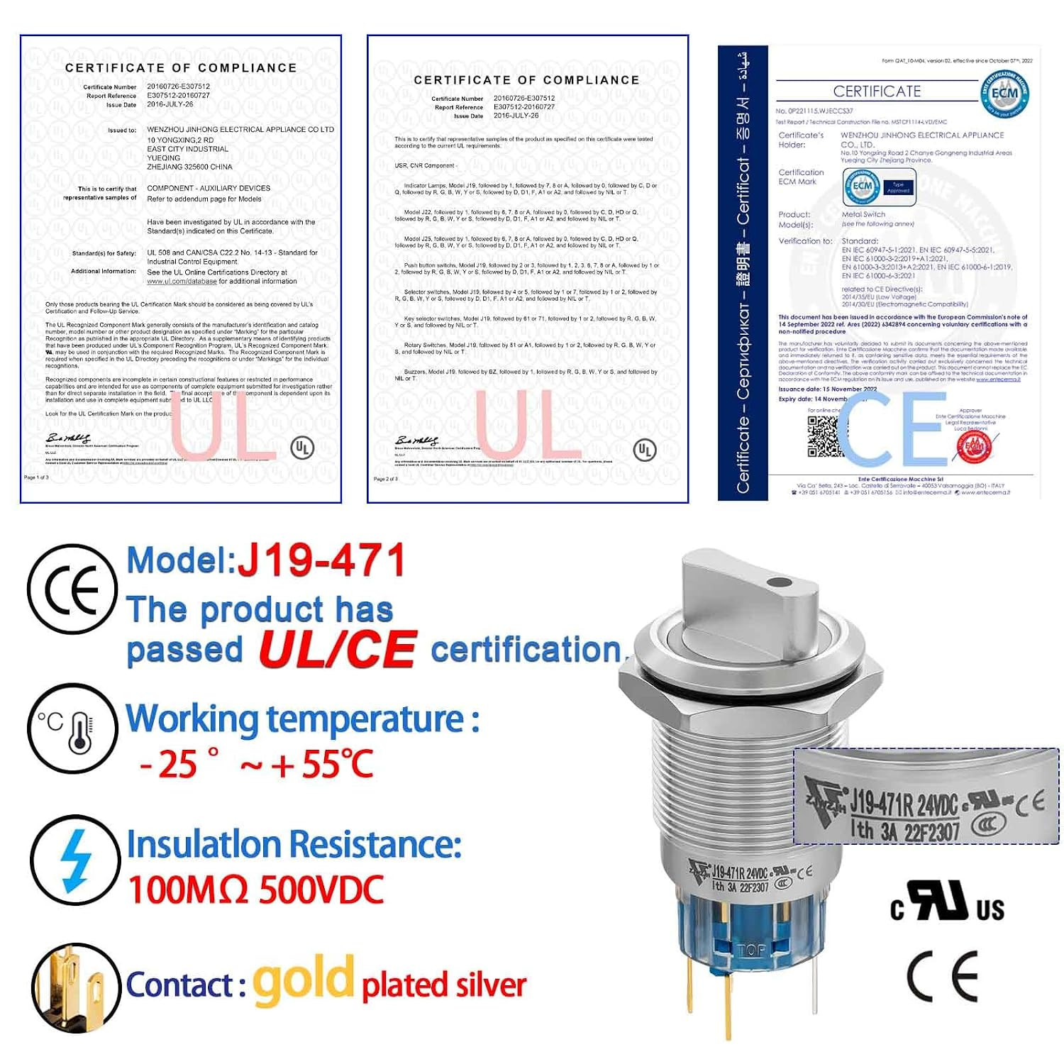 UL Listed 3 Position Rotary Switch 19Mm 12V-24V DC/AC, Latching Selection