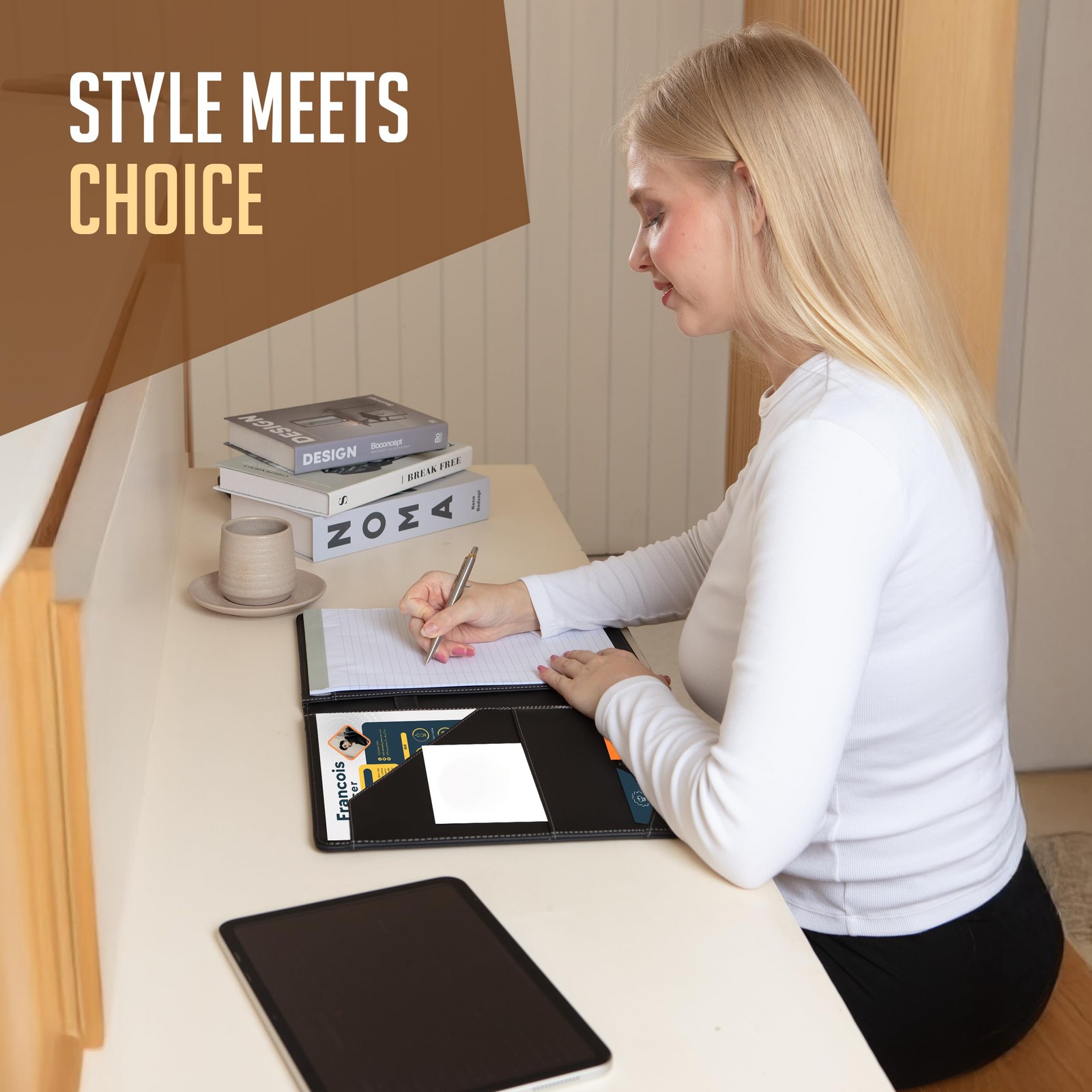 Business Document Organizer, Padfolio With Notepad, Card Slot, Black