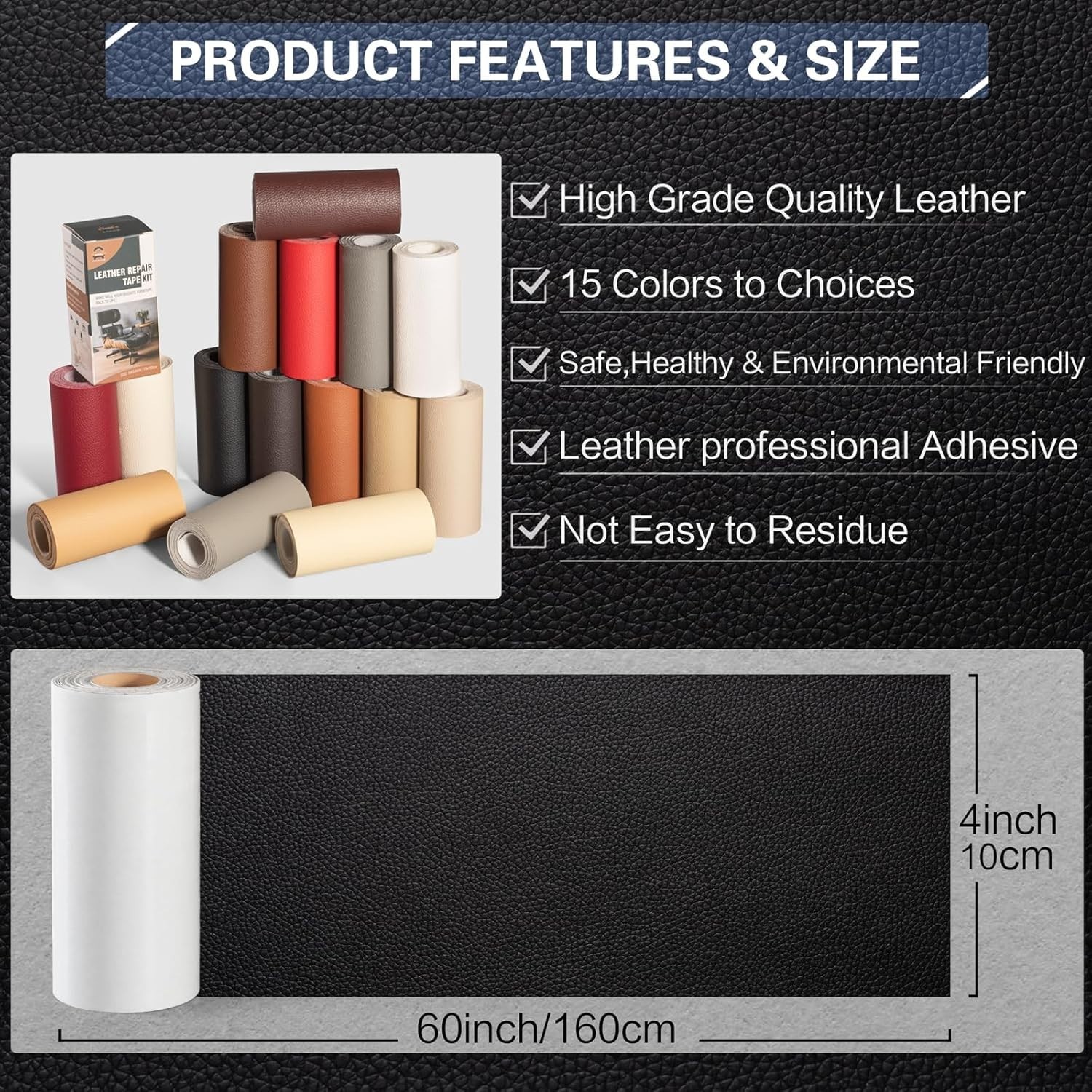 Litchi Texture Leather Repair Patch - 4"x 63" Self-Adhesive Solution