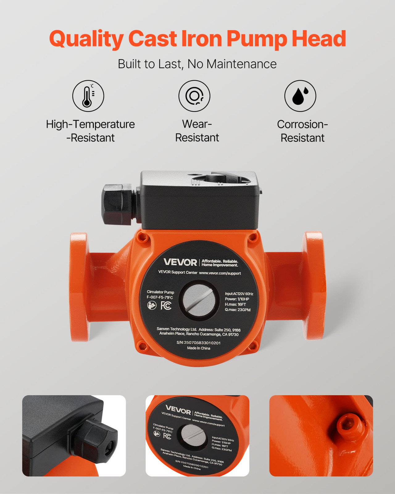 VEVOR F-007-F5-71FC Cast Iron Circulator Pump, 23 GPM, AC 120V 16 ft Hot Water R