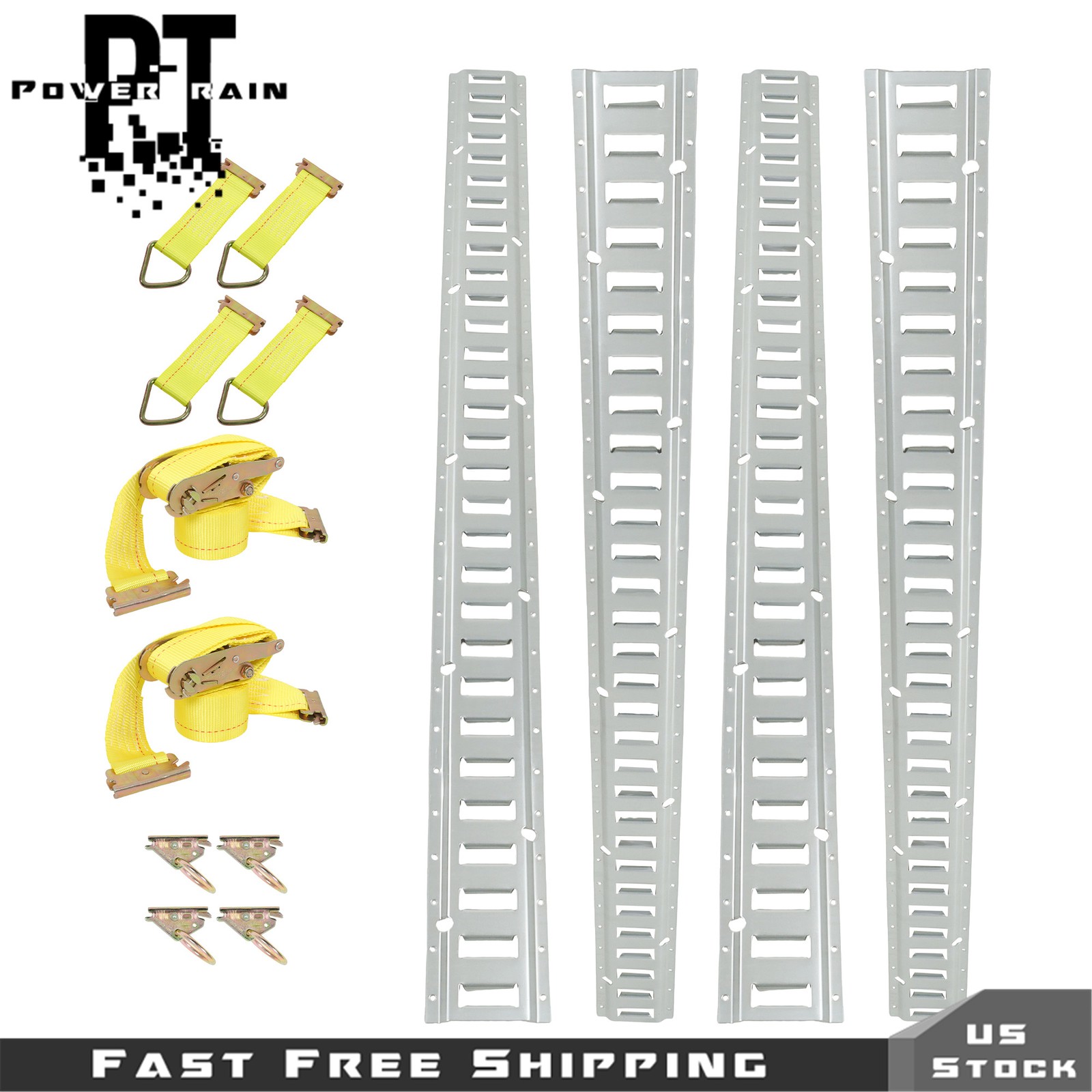 4×5' E Track Rails 2× Etrack Ratchet Straps 4× O Rings 4× Rope Tie Offs