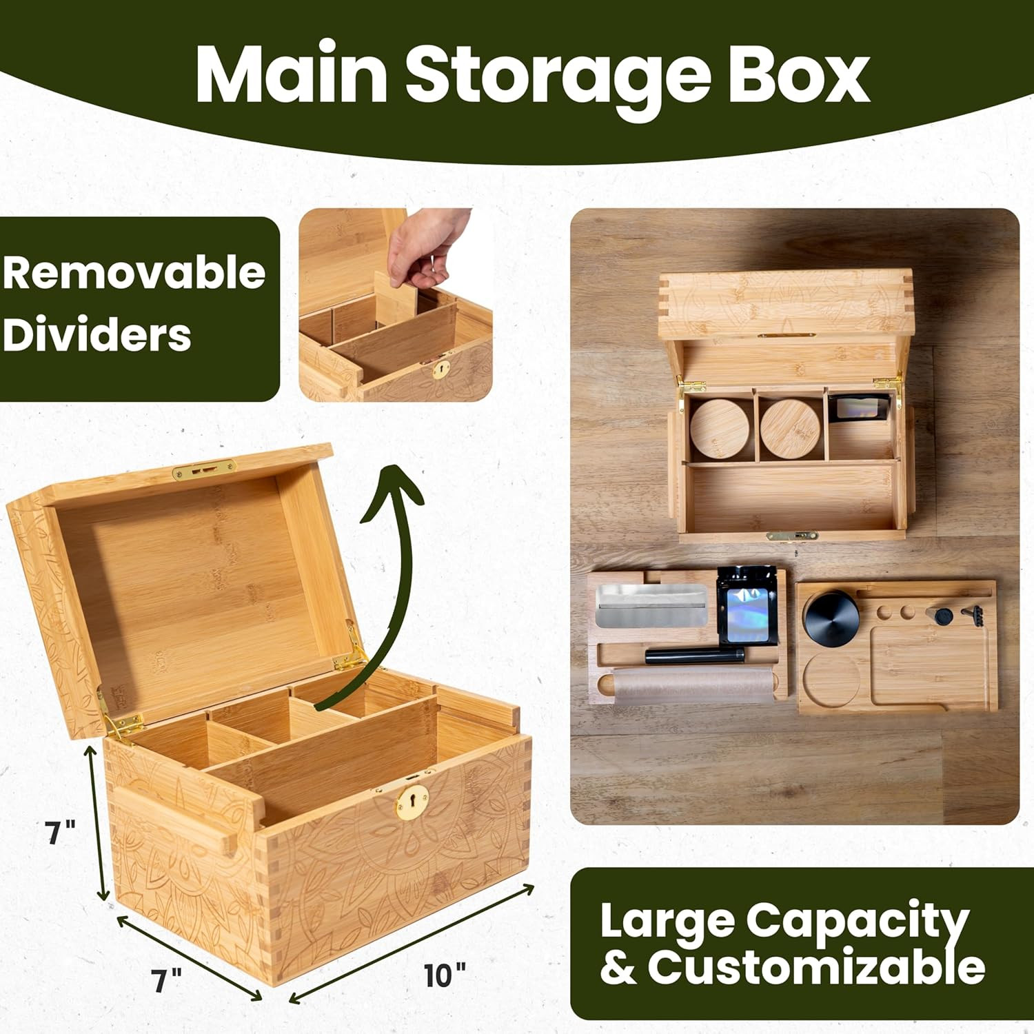 Stash Box with Combo Lock & Accessories Set - Lockable Wooden Stashbox, Storage