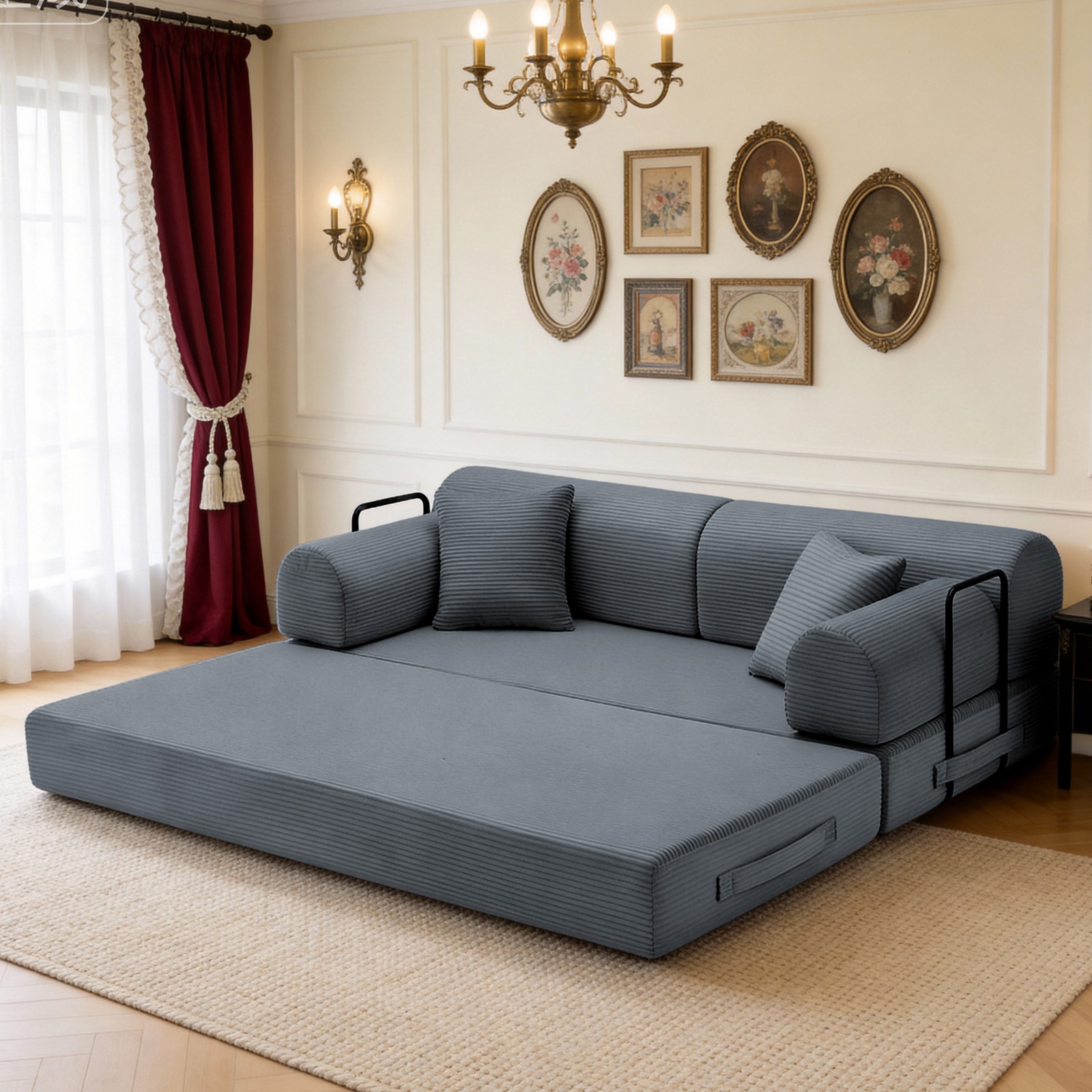 Convertible Sleeper Sofa Bed, Corduroy Folding Couch, Dark Gray