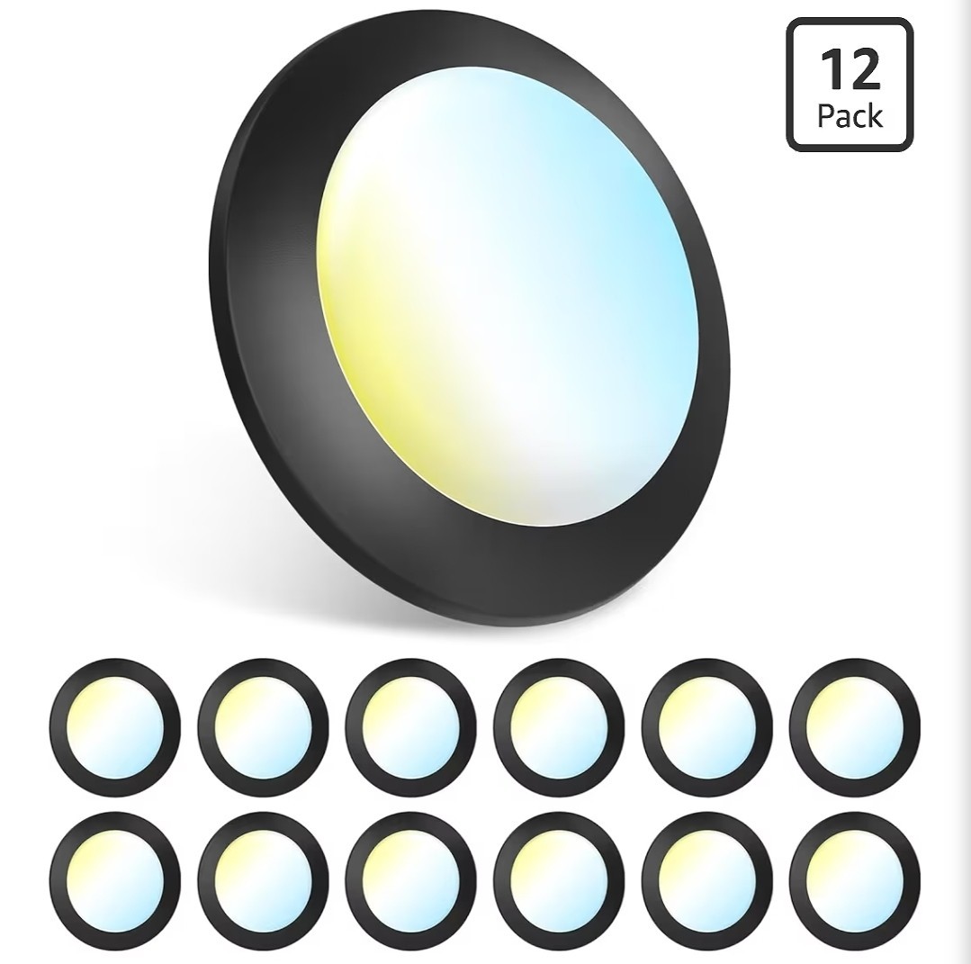 Amico 12 Pack 5/6" LED Disk Lights Dimmable Flush Mount Recessed Downlight Black