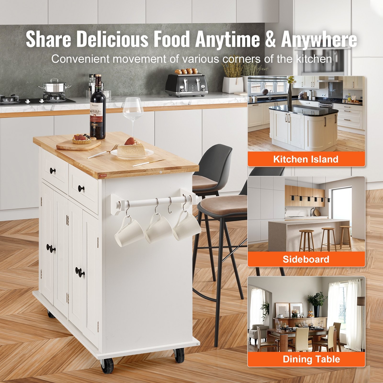 VEVOR Kitchen Island Cart With Solid Wood Top, 35.4 Width Mobile Carts