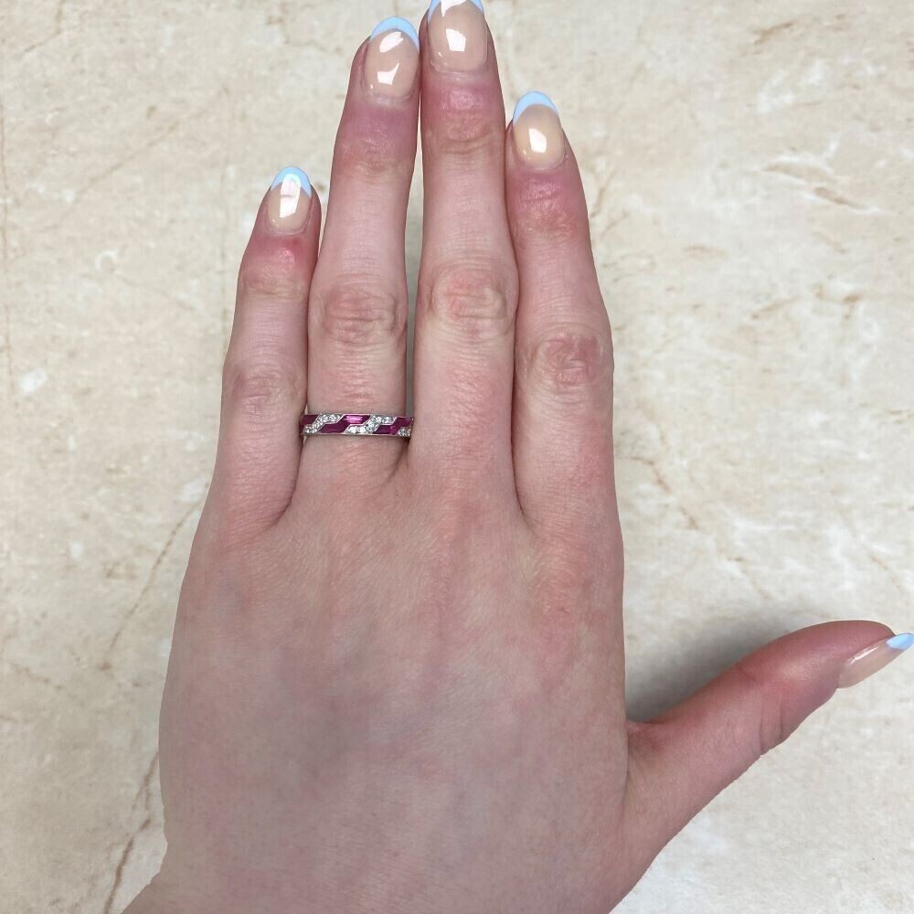 2.10Ct Baguette Lab-Created Pink Ruby Wedding Band Ring 14K White Gold Plated