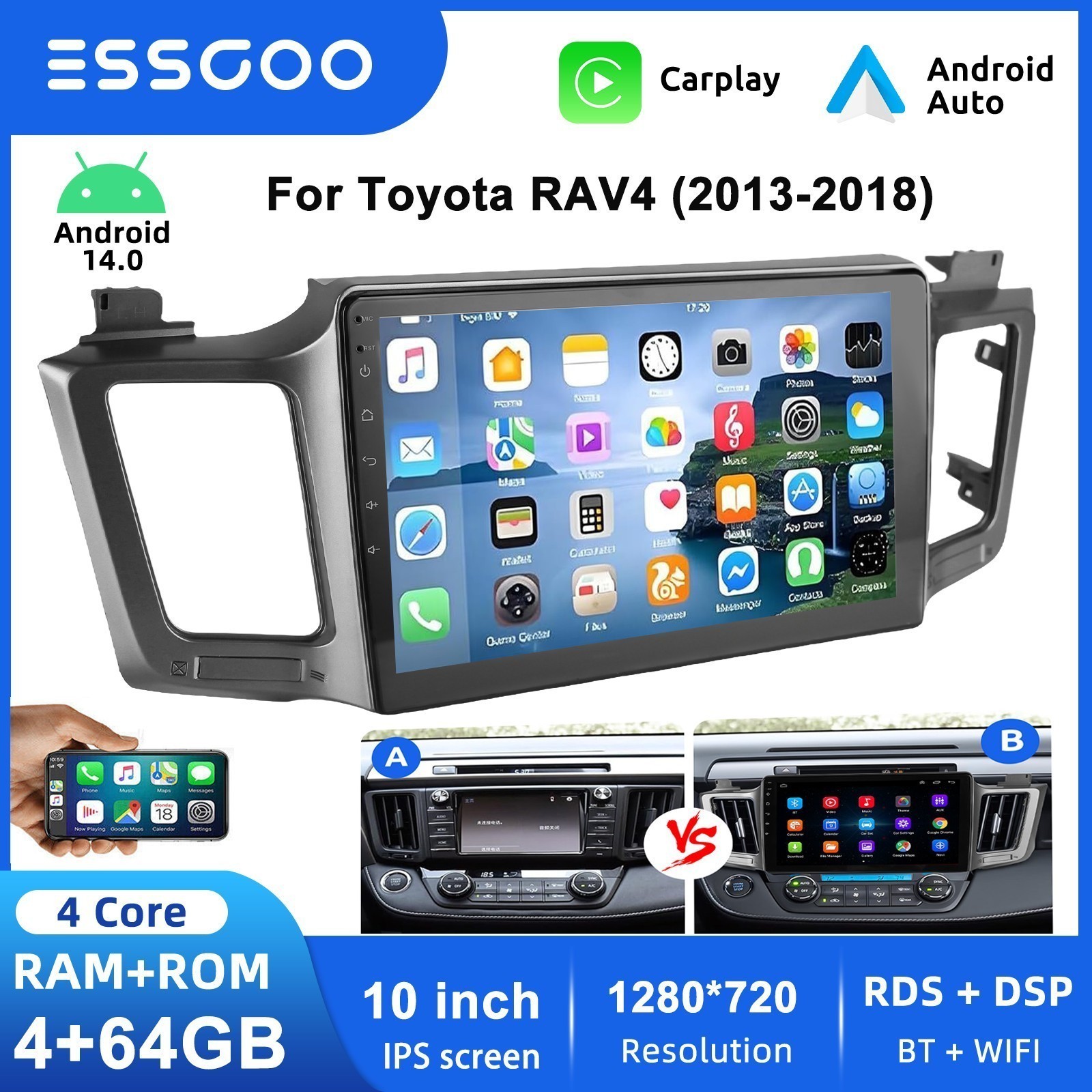 Apple Carplay For Toyota RAV4 2013-2018 Car Stereo Radio Android14 GPS Nav 4+64G