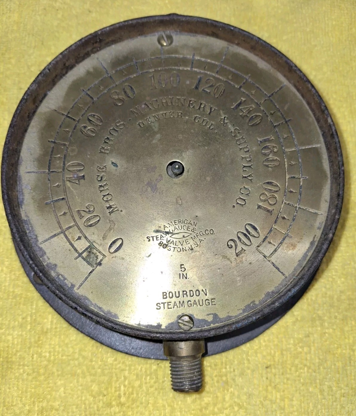 Antique Brass Steam Gauge. 5 1/4" Face
