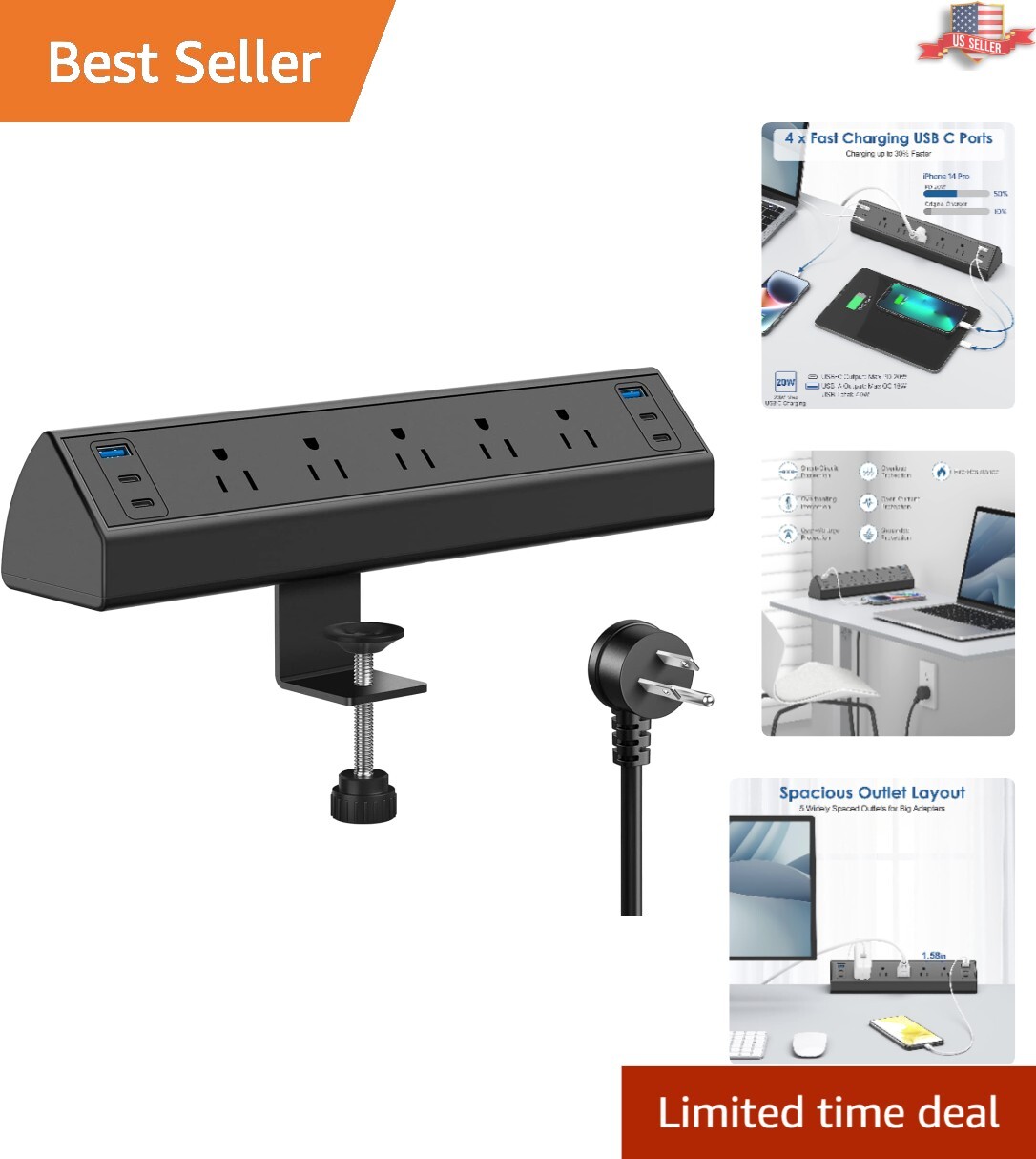 Versatile Desk Clamp Power Strip - USB C Fast Charging - 5 Outlets 6 USB Ports
