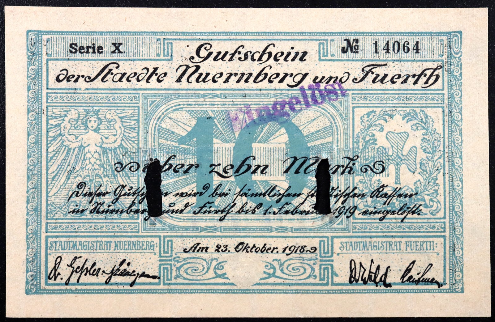 NUREMBERG (NÜRNBERG) and FÜRTH 1918 10 Mark Grossnotgeld German Notgeld Banknote