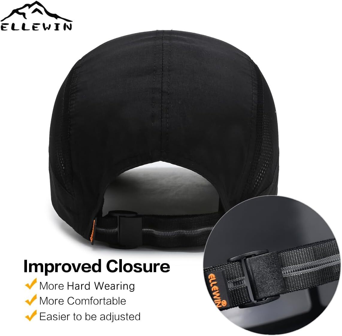 ELLEWIN Unisex Baseball Cap UPF 50 Unstructured Hat with Foldable Black-l