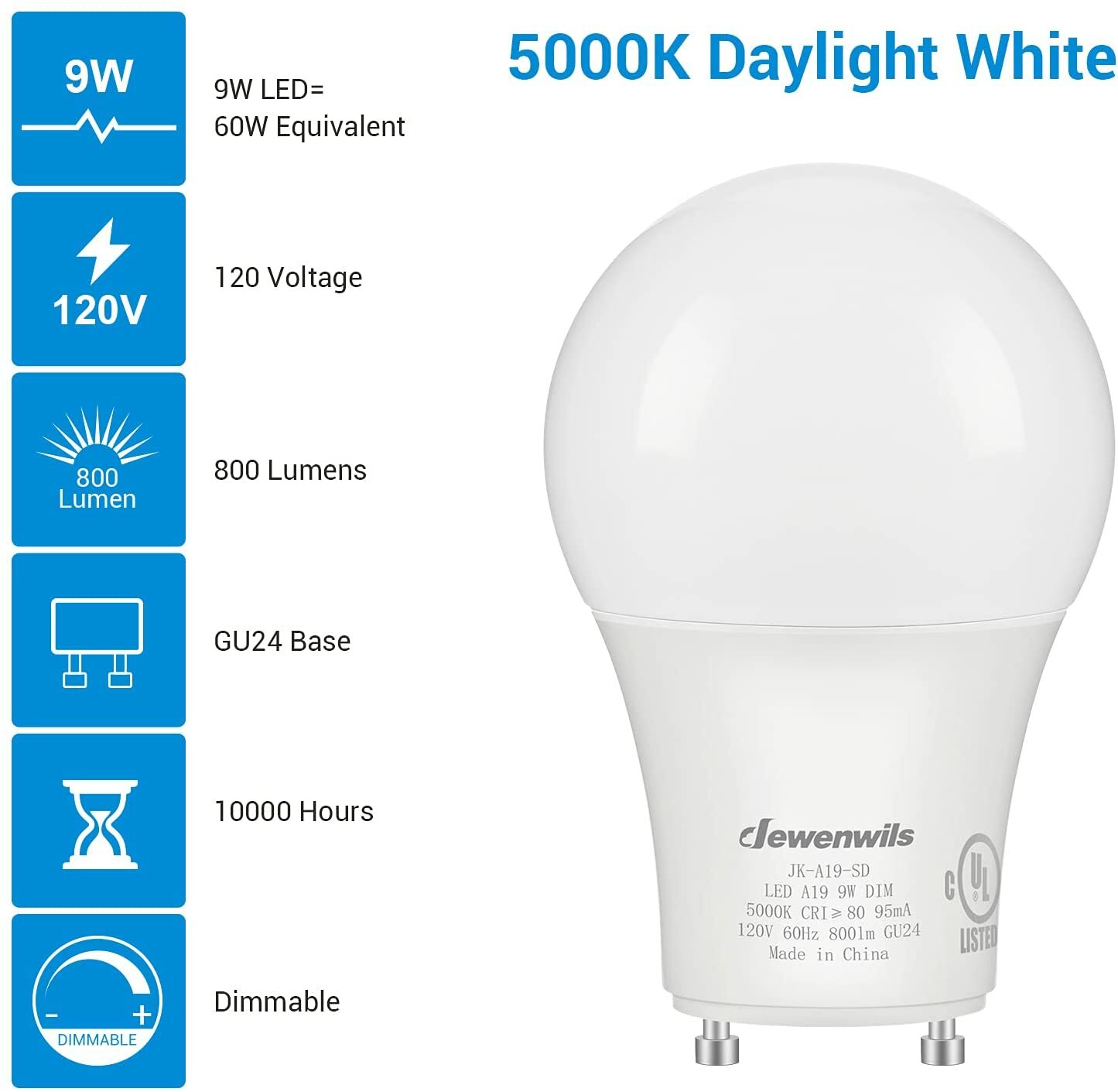 DEWENWILS GU24 LED Light Bulb Dimmable 2 Prong Light Bulbs 5000K Daylight