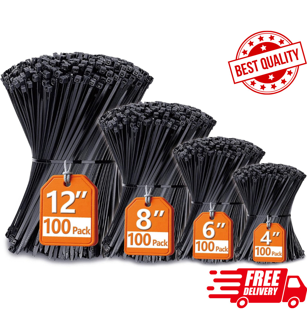 400 Pack Zip Ties Assorted 4 6 8 12 Inch Black UV Resistant Cable Ties