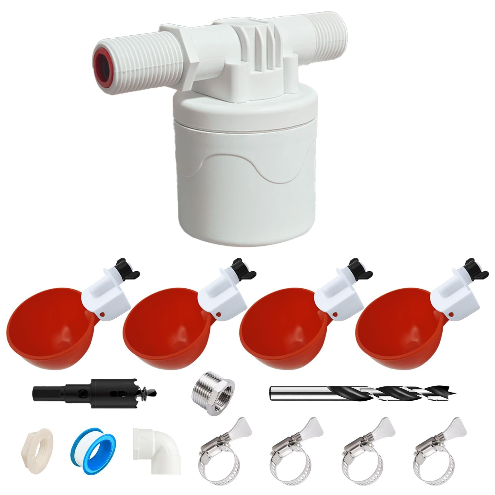 Automatic Chicken Waterer Set - 4 Chicken Water Cups, Float Valve, Drill Bit,...