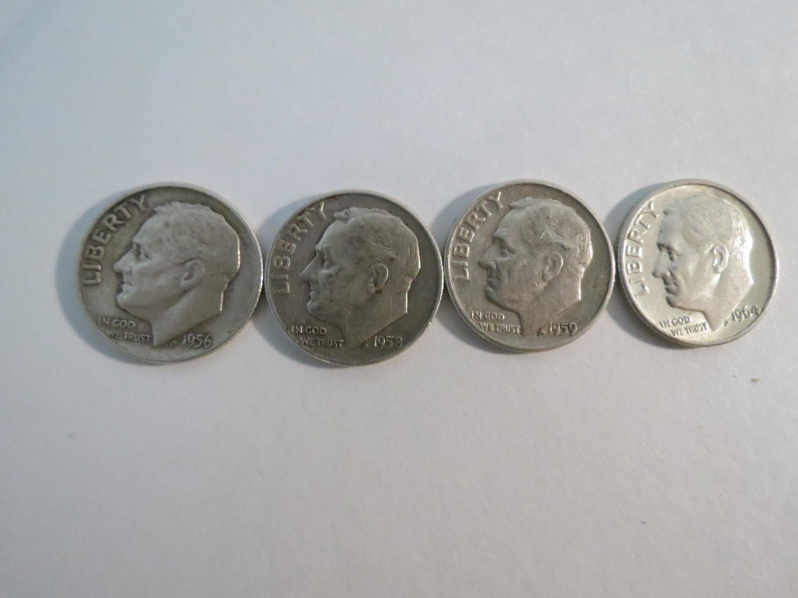 Lot of 4 Roosevelt Silver Dimes D - 1956-D, 1958-D, 1959-D, 1964-D