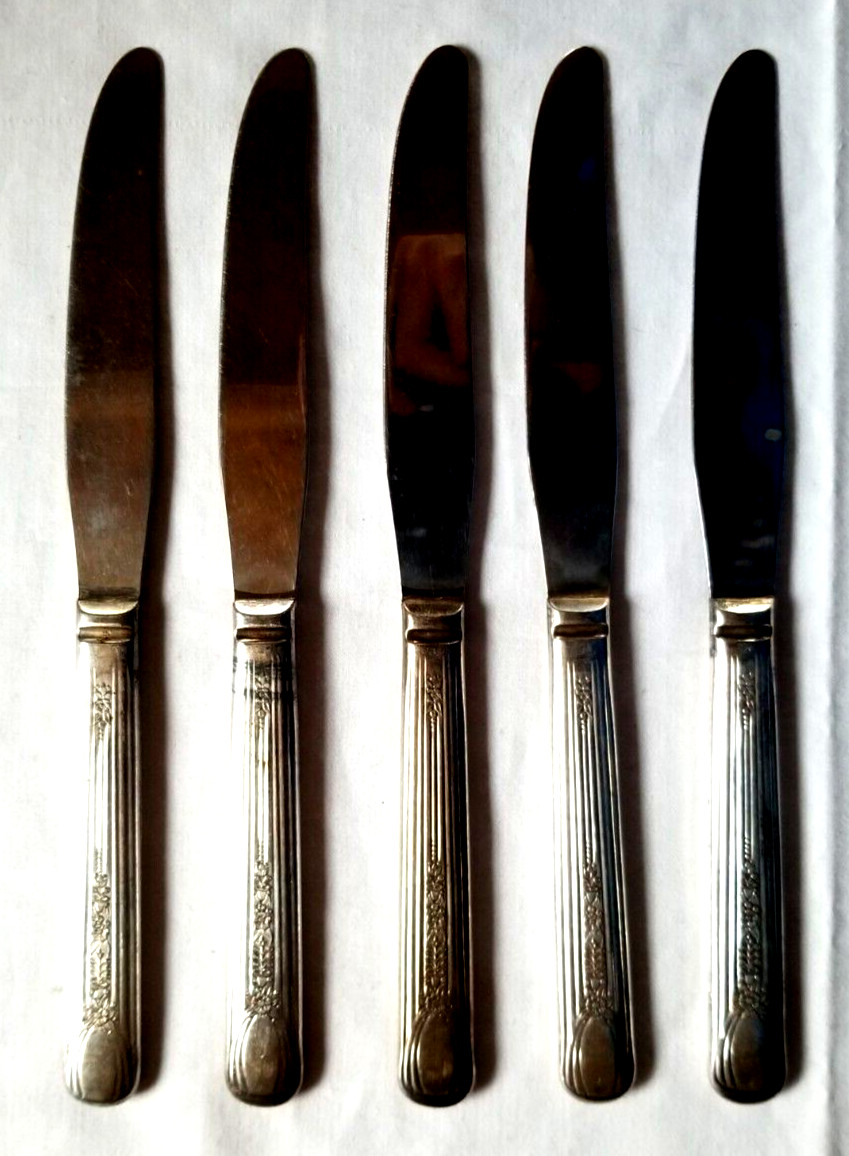 5 Fashion Plate Stainless Blades Sears Diplomat Dinner Butter Knives 1941 VTG