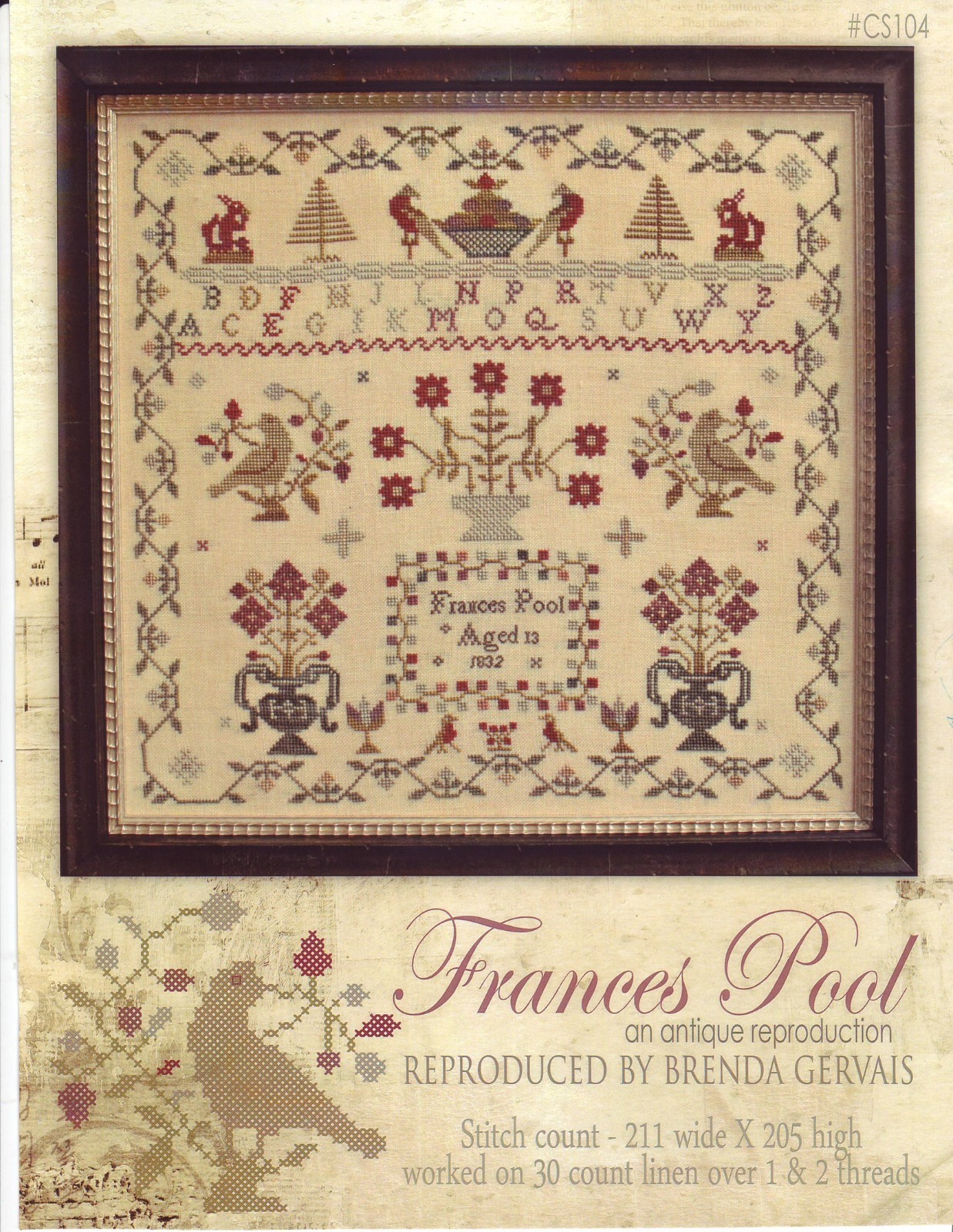 Frances Pool 1832 Cross Stitch Pattern Sampler Primitive ABC Flowers Birds