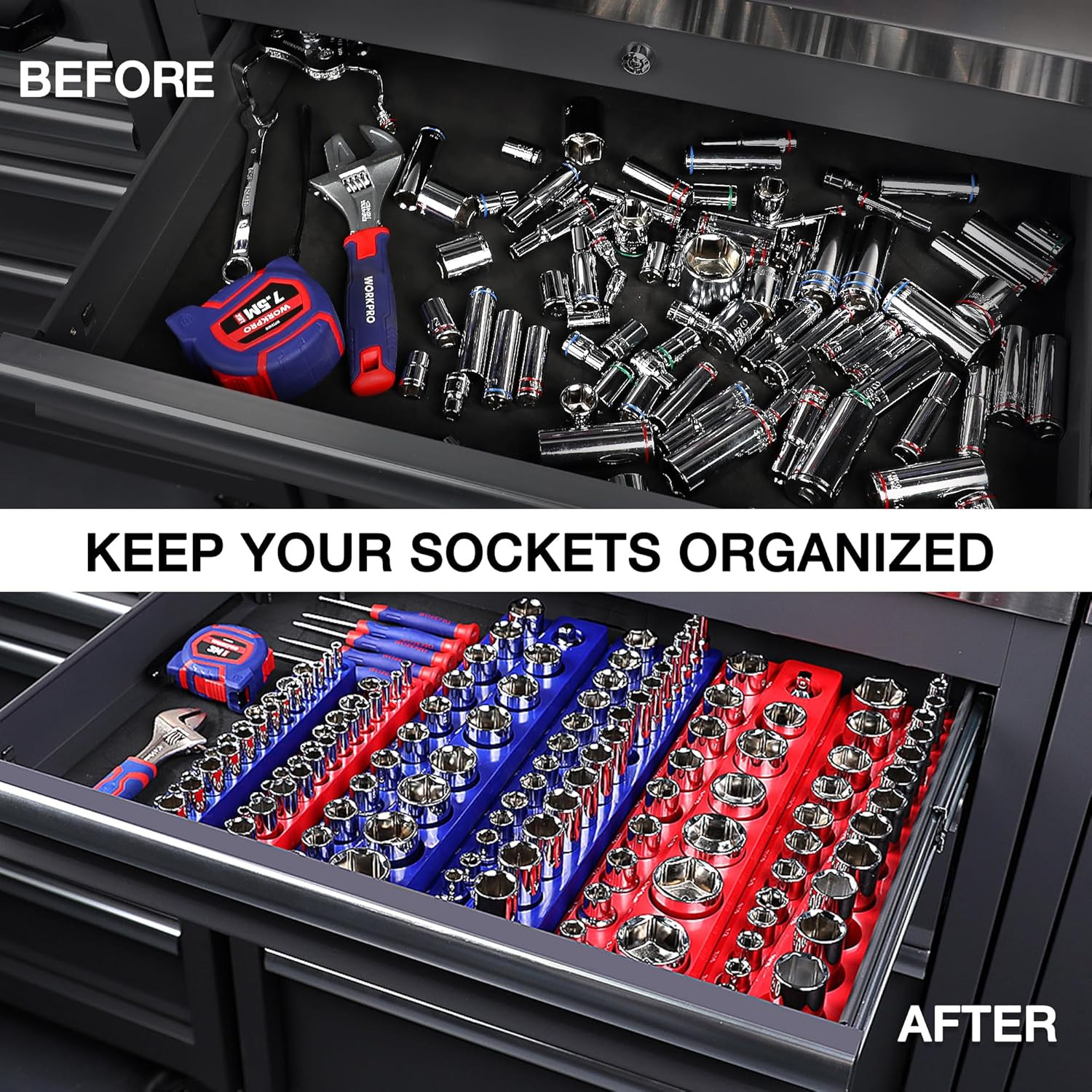 Magnetic Socket Organizer Set, 4-Piece Socket Holder Set Includes 1/4", 3/8" Dri