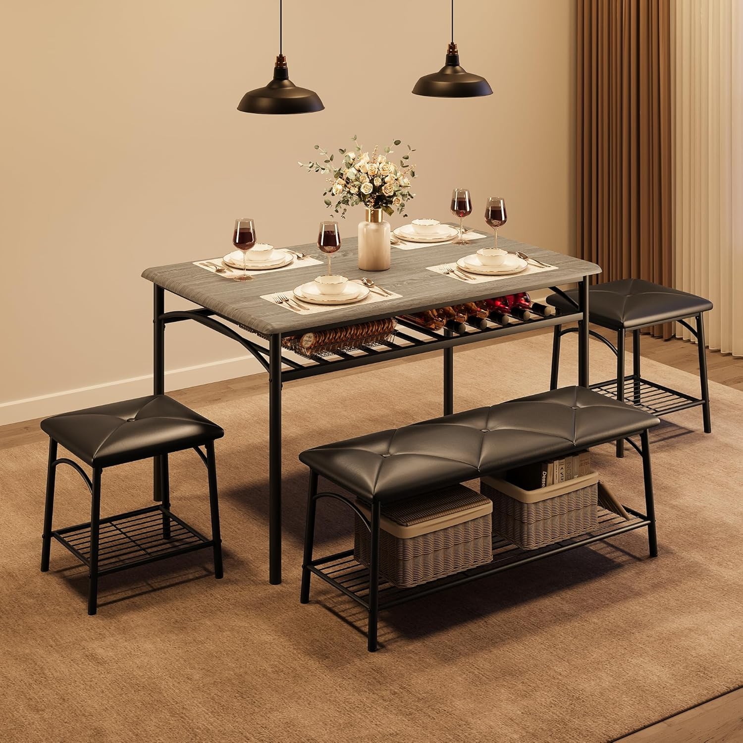 Kitchen Table Set for 4 Dining Table with Bench and 2 Square Stools Storage USA
