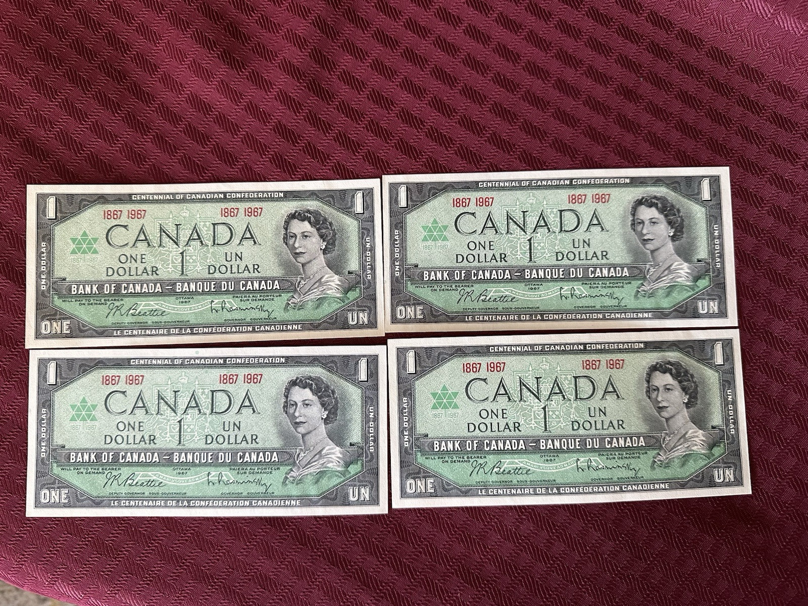 1967 Canadian CENTENNIAL One Dollar Bill Note Uncirculated Lot of 4