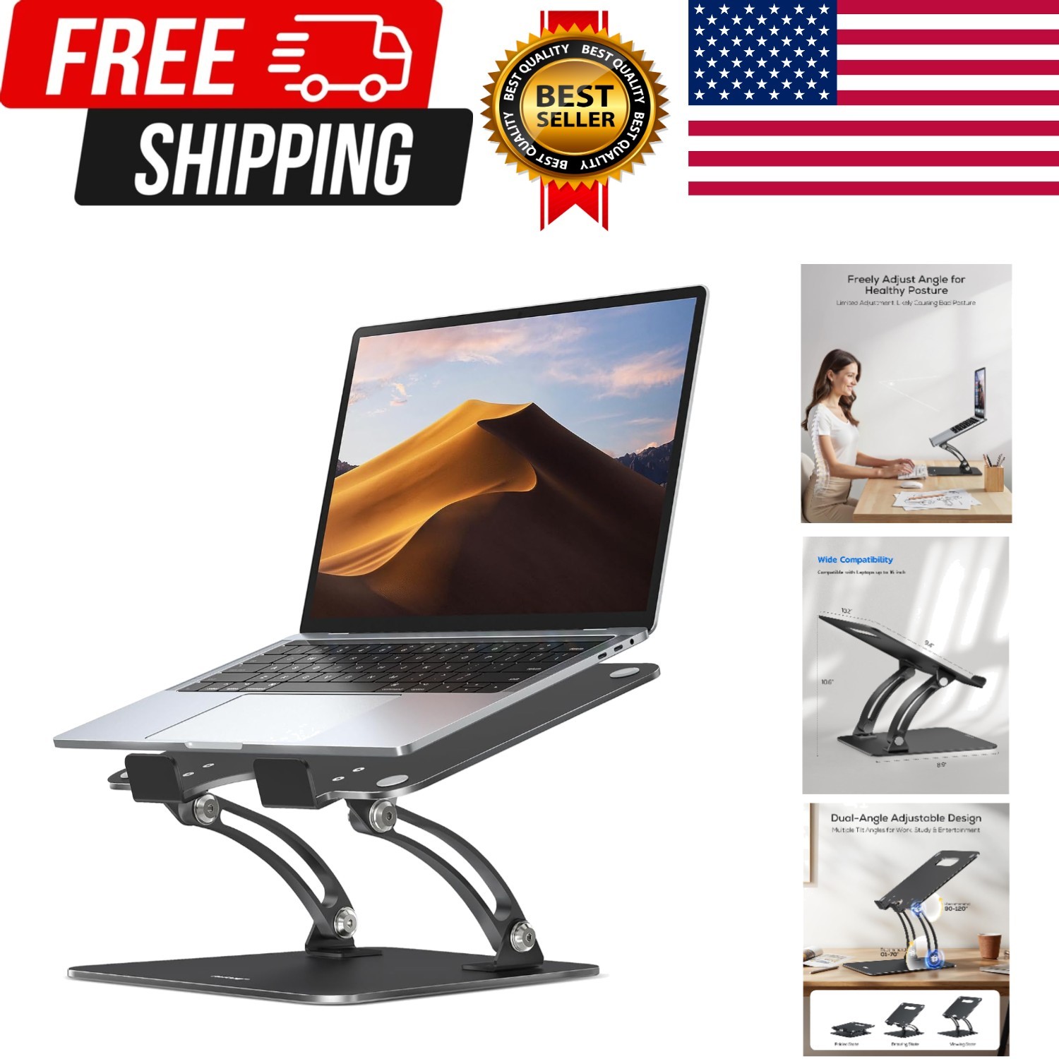Fully Adjustable Laptop Stand for Desk, Dual Foldable Computer Riser with Hea...